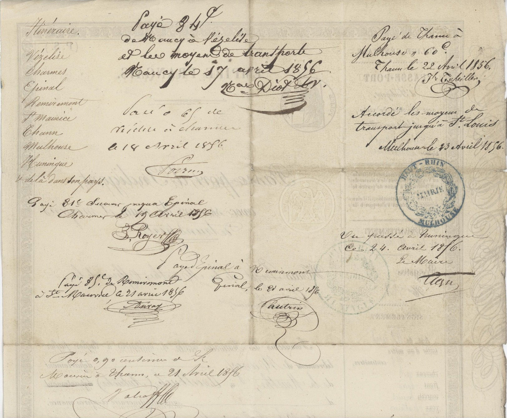 Passeport D'Indigent De Nancy à Andelbuch Autriche Maçon 1856 Papier Timbré - Documents Historiques