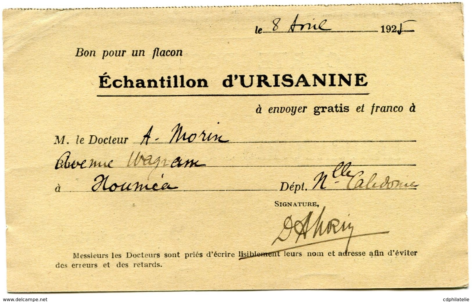 NOUVELLE-CALEDONIE CARTE POSTALE BON POUR UN FLACON ECHANTILLON D'URISANINE DEPART NOUMEA 10 AVRIL 25  POUR LA FRANCE - Lettres & Documents