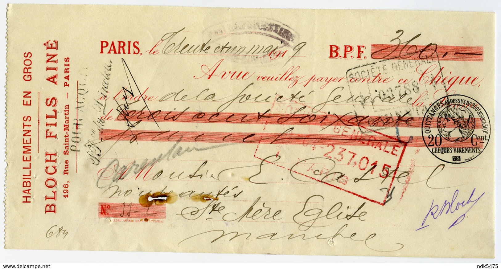 75 : PARIS - CHEQUE : BLOCH FILS AINE, 196 RUE SAINT-MARTIN, 1919 / CASTEL - STE MARIE EGLISE, MANCHE - Chèques & Chèques De Voyage