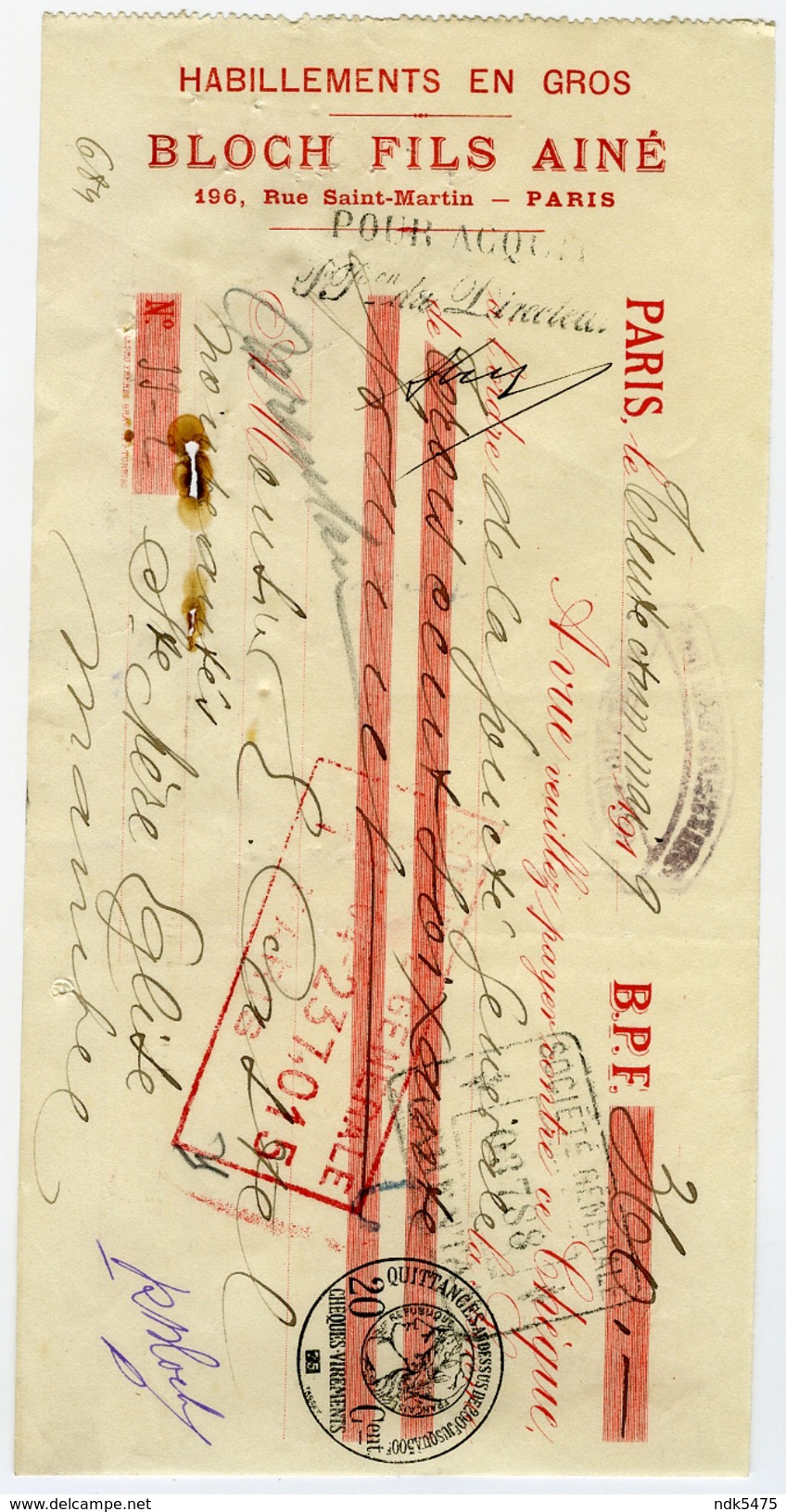 75 : PARIS - CHEQUE : BLOCH FILS AINE, 196 RUE SAINT-MARTIN, 1919 / CASTEL - STE MARIE EGLISE, MANCHE - Chèques & Chèques De Voyage