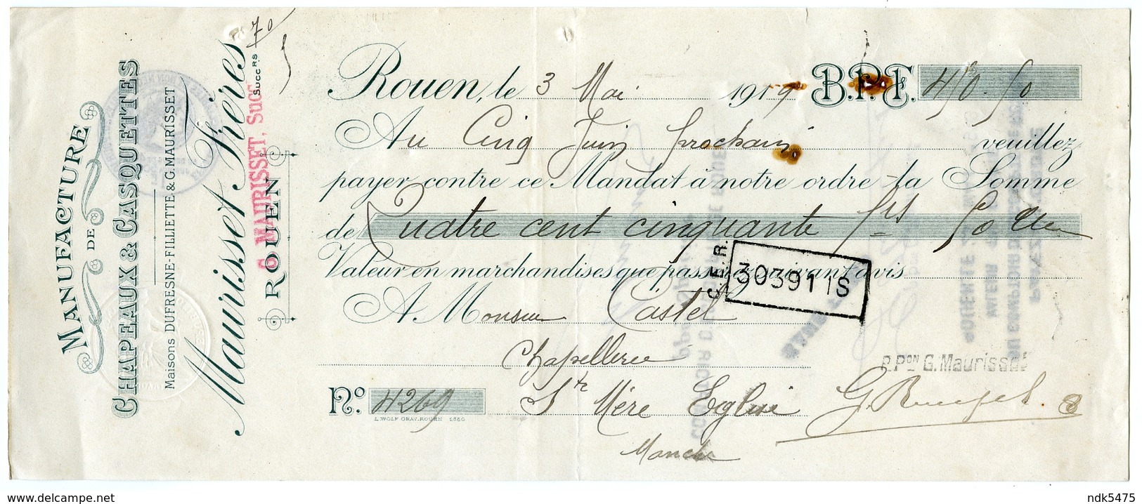 76 : ROUEN - MANDAT A ORDRE - MAURISSET FRERES, ROUEN, 1919 / CASTEL - STE MARIE EGLISE, MANCHE - Bills Of Exchange