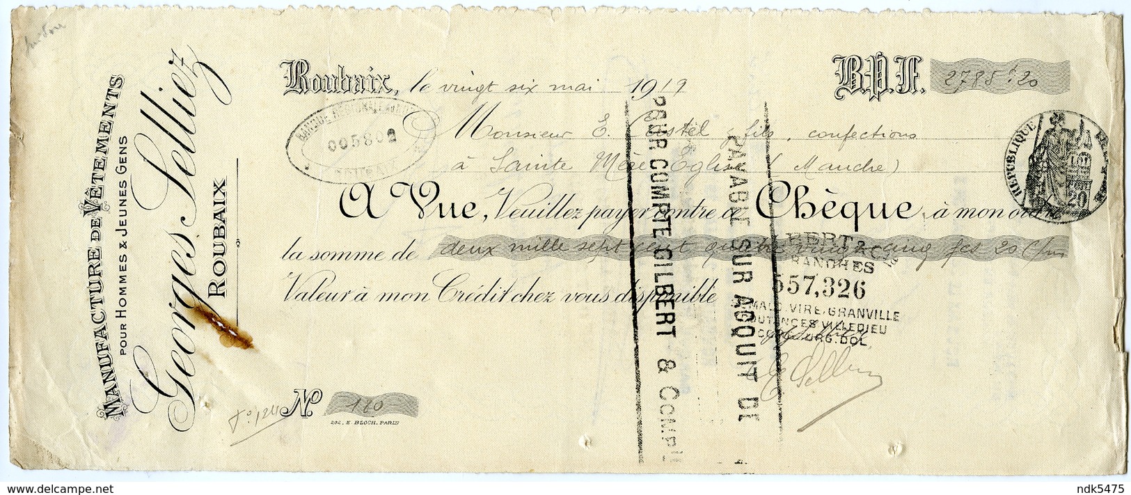 59 : ROUBAIX - CHEQUE : GEORGES SELLIEZ, 1919 / CASTEL - STE MARIE EGLISE, MANCHE - Chèques & Chèques De Voyage