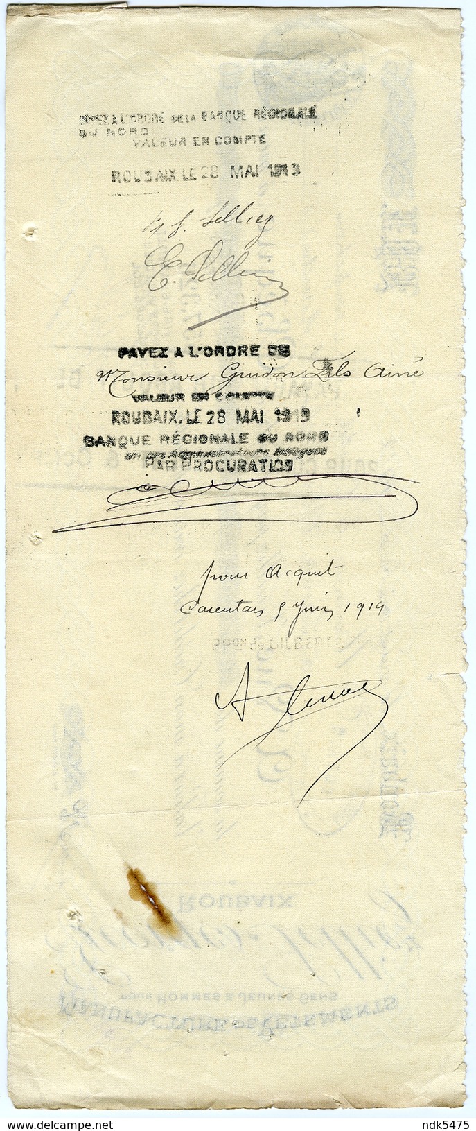 59 : ROUBAIX - CHEQUE : GEORGES SELLIEZ, 1919 / CASTEL - STE MARIE EGLISE, MANCHE - Chèques & Chèques De Voyage