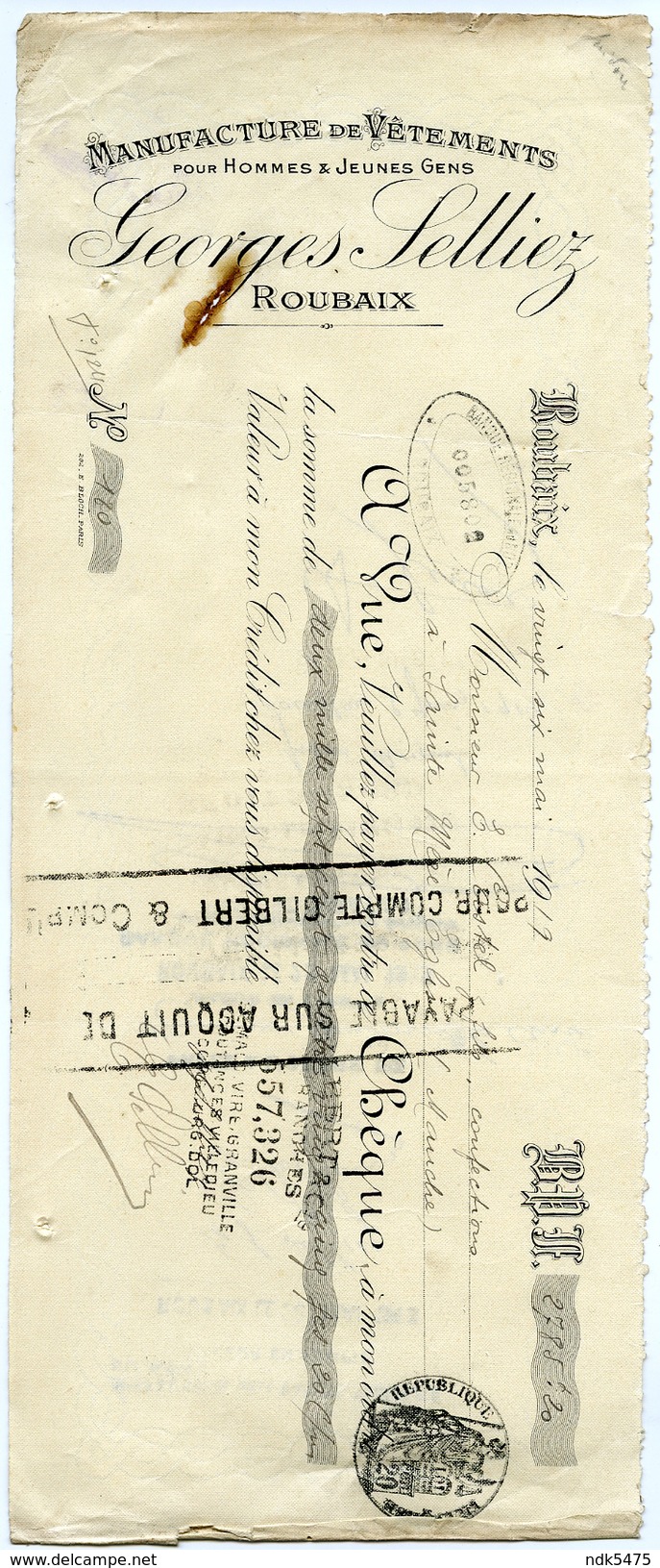 59 : ROUBAIX - CHEQUE : GEORGES SELLIEZ, 1919 / CASTEL - STE MARIE EGLISE, MANCHE - Chèques & Chèques De Voyage