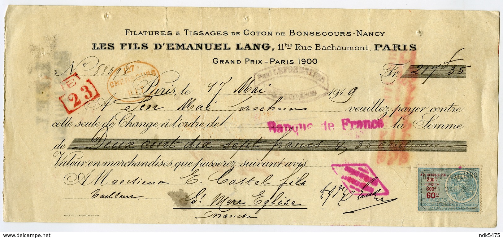 LETTRE DE CHANGE : LES FILS D'EMANUEL LANG, RUE BACHAUMONT, PARIS, 1919 / BONSECOURS - NANCY / STE MERE EGLISE - Lettres De Change