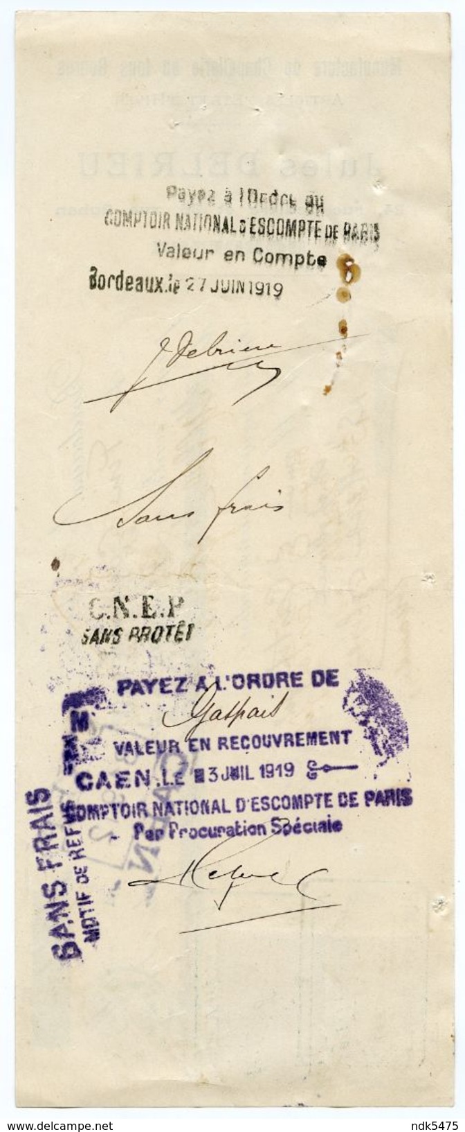 33 : BORDEAUX  - MANDAT A ORDRE : JULES DELRIEU, 24 RUE TEULERE, 1919 / CASTEL - STE MARIE EGLISE, MANCHE - Lettres De Change