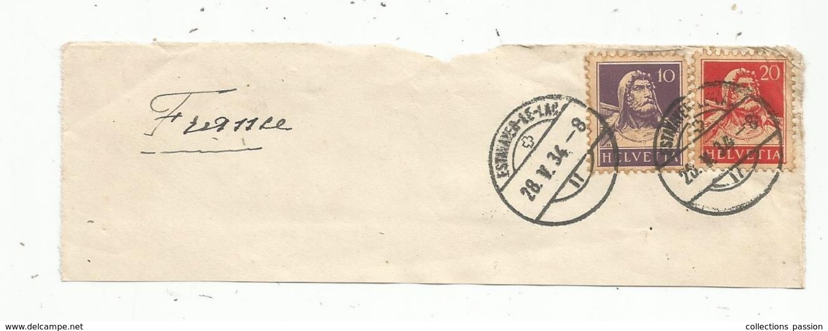 Lettre Partielle , 1934 , Suisse , ESTAVAYER - LAC, 2 Timbres , 2 Oblitérations - Postmark Collection