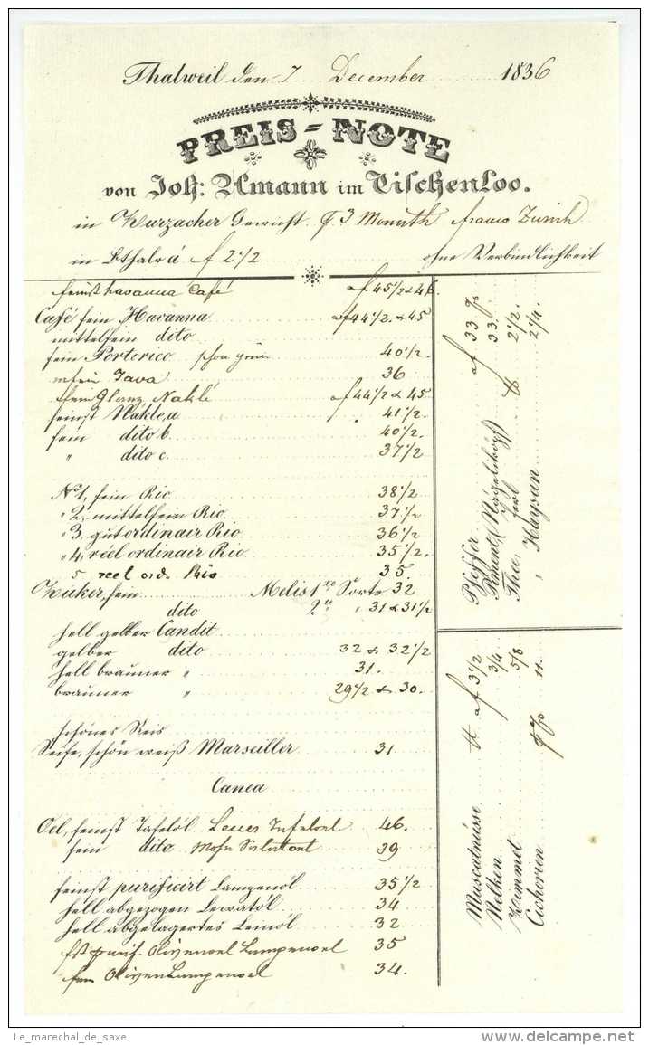 THALWIL 1836 Zürich Preis-Note Von Joh. Amann Im Tischloo - Zwitserland