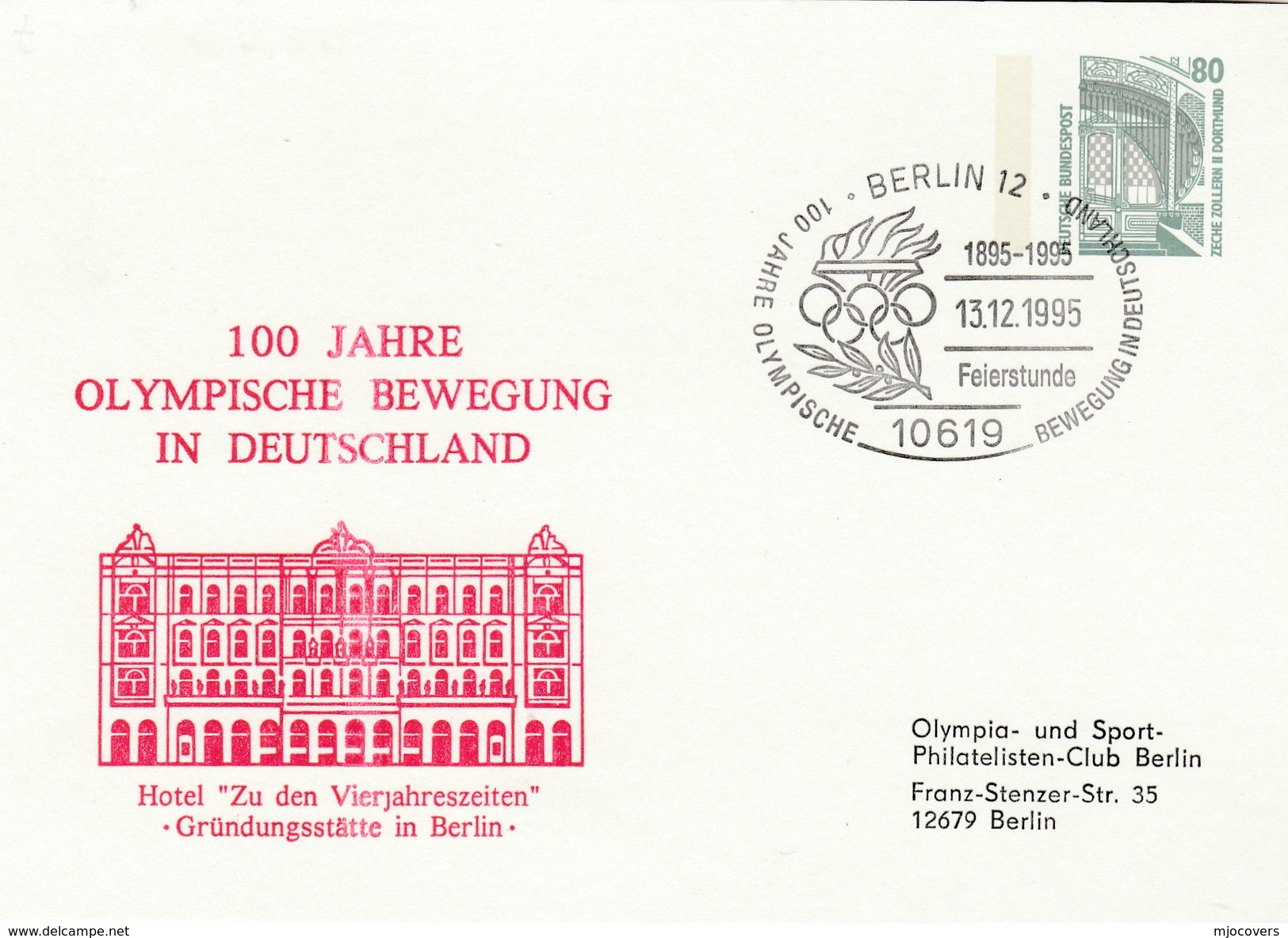 1995 GERMANY 100th Anniv GERMAN OLYMPIC MOVEMENT Event COVER Olympics Postal Stationery Card Sport - Other & Unclassified