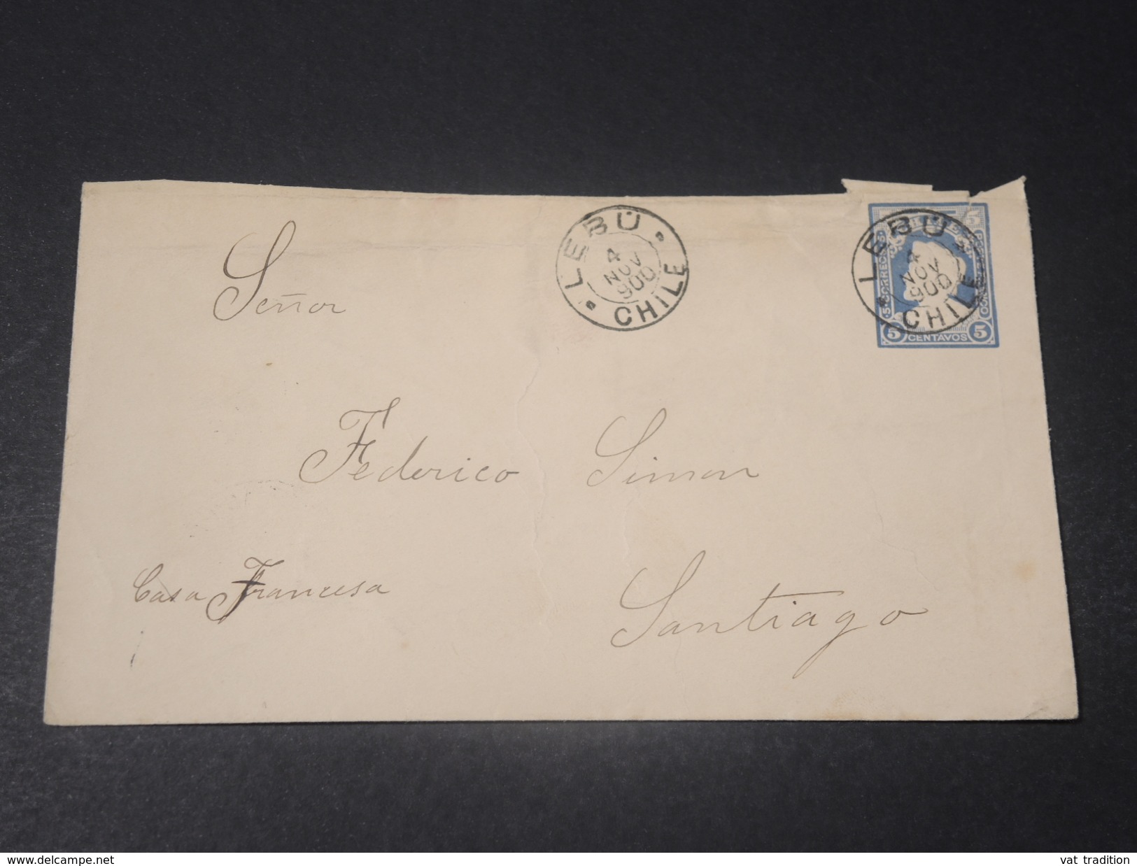 CHILI - Entier Postal ( Enveloppe ) De Lebu Pour Santiago En 1900 - L 10597 - Chile