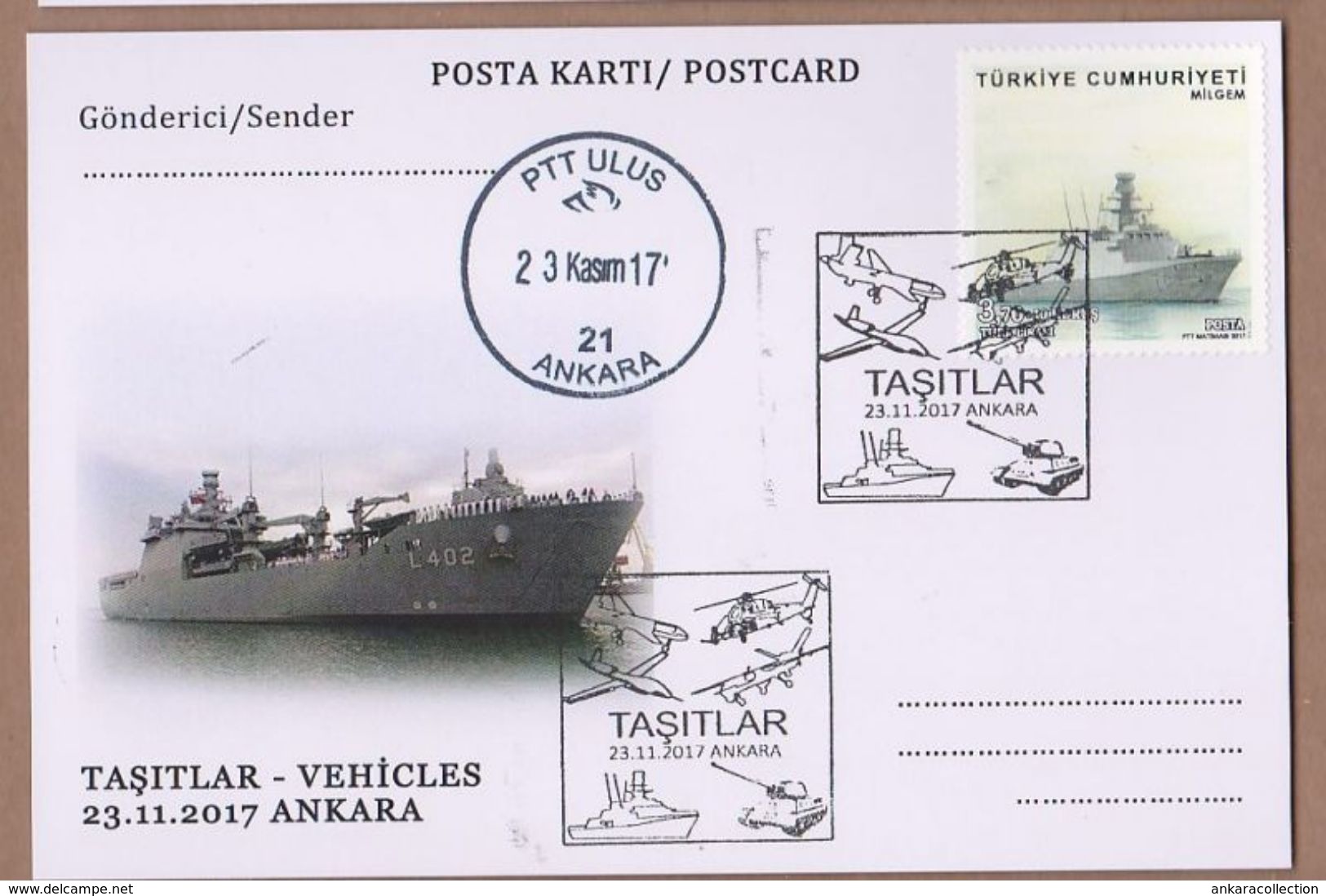 AC - TURKEY POSTAL STATIONARY - VEHICLES SHIP ANKARA, 23 NOVEMBER 2017 - Ganzsachen