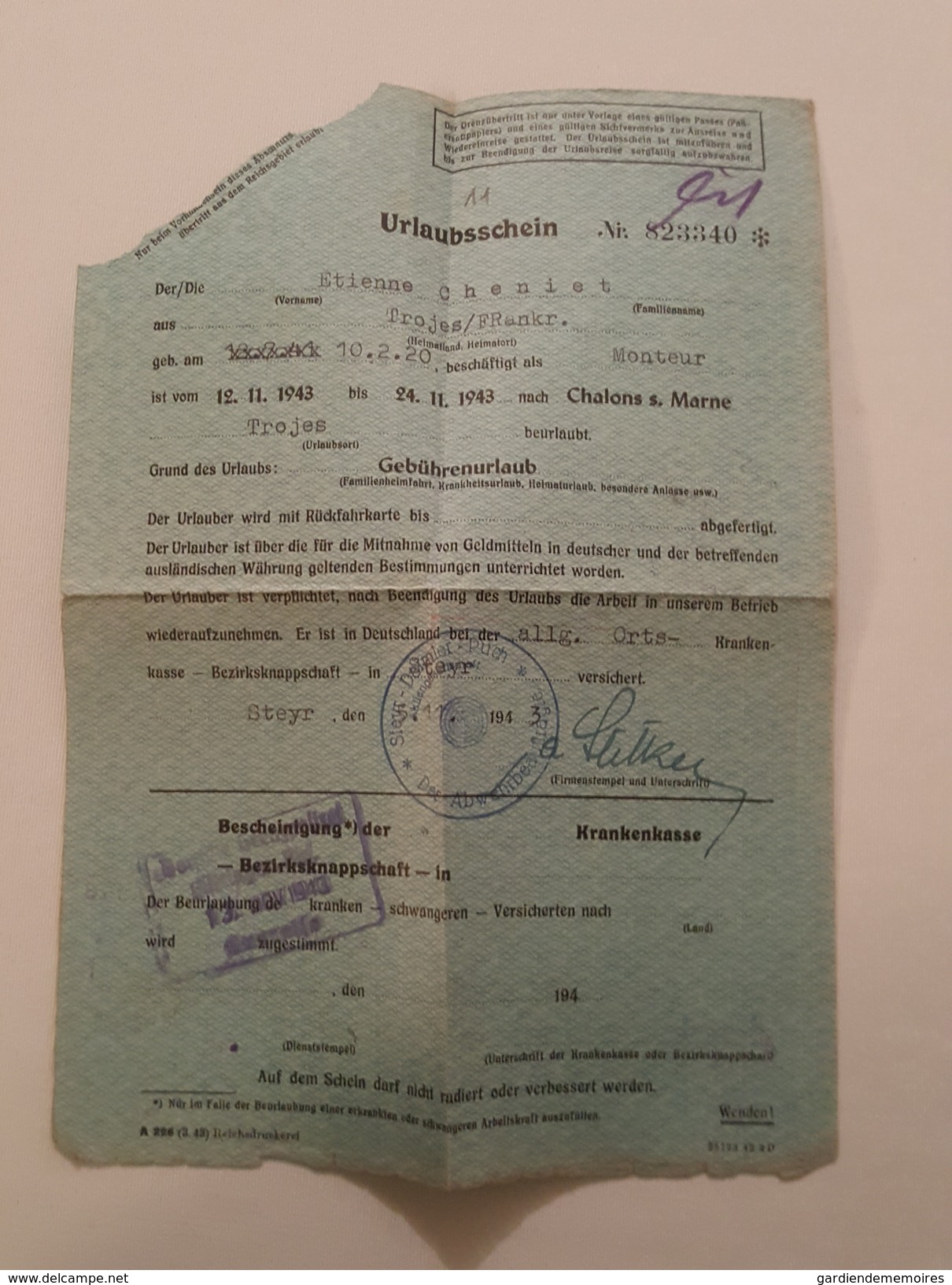 1943 - Troyes Ouest - Cachet Nazi - Ausweis Abgen - Urlaubsschein - Etienne Cheniet, Chalons Sur Marne - Documents