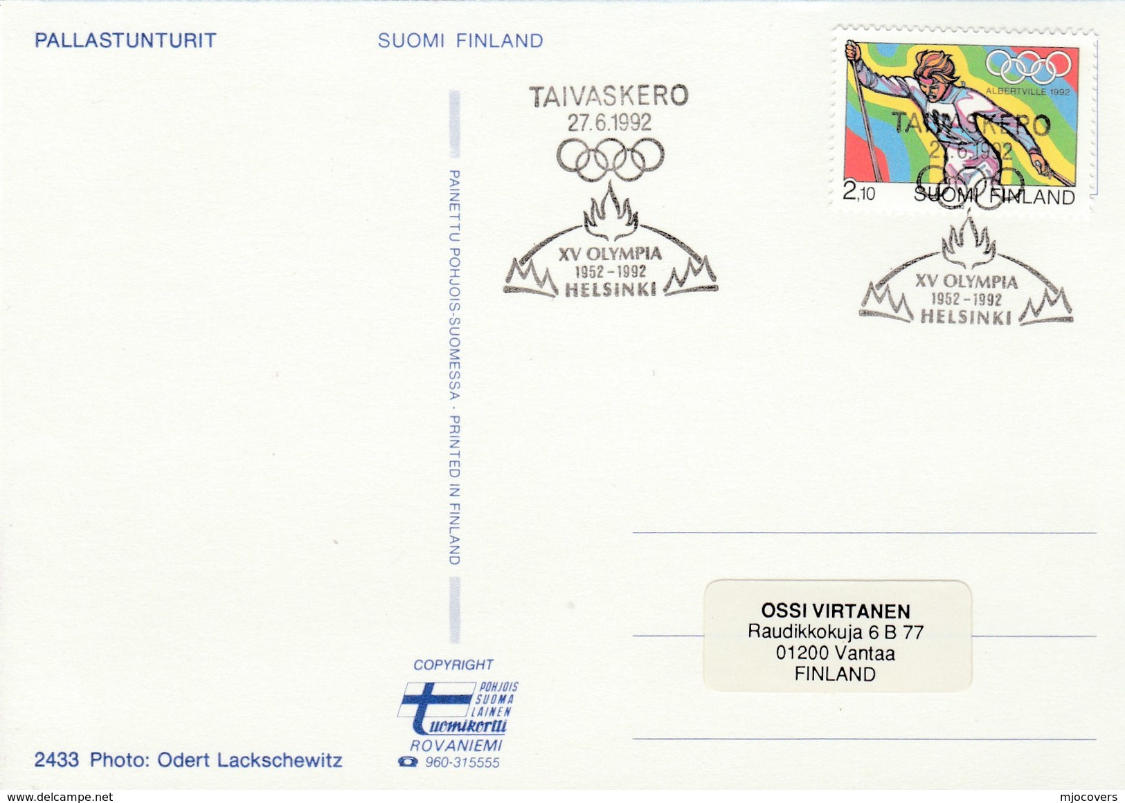 1992 Taivaskero FINLAND 1952 OLYMPICS Anniv  EVENT COVER  Postcard Olympic Games Stamps Sport - Summer 1952: Helsinki