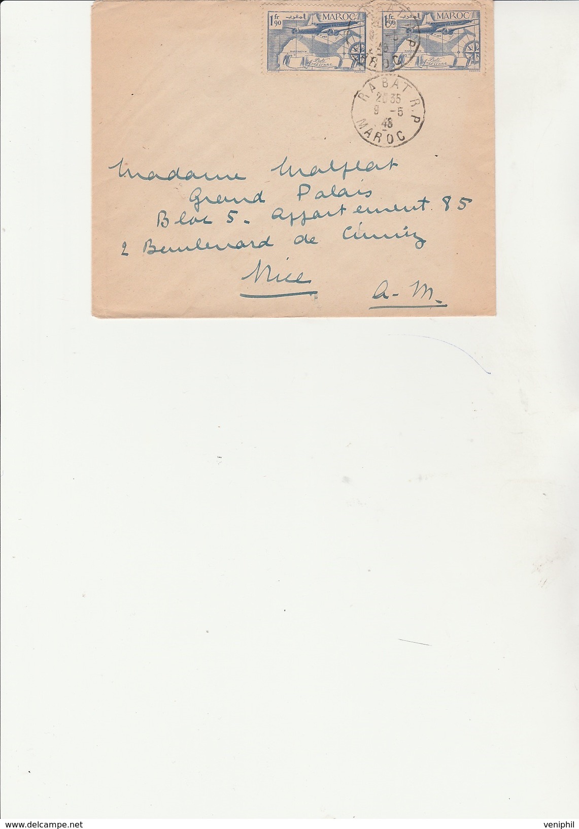 MAROC - LETTRE AFFRANCHIE POSTE AERIENNE N° 45 X 2 - CAD RABAT  R.P. 1948 - Oblitérés