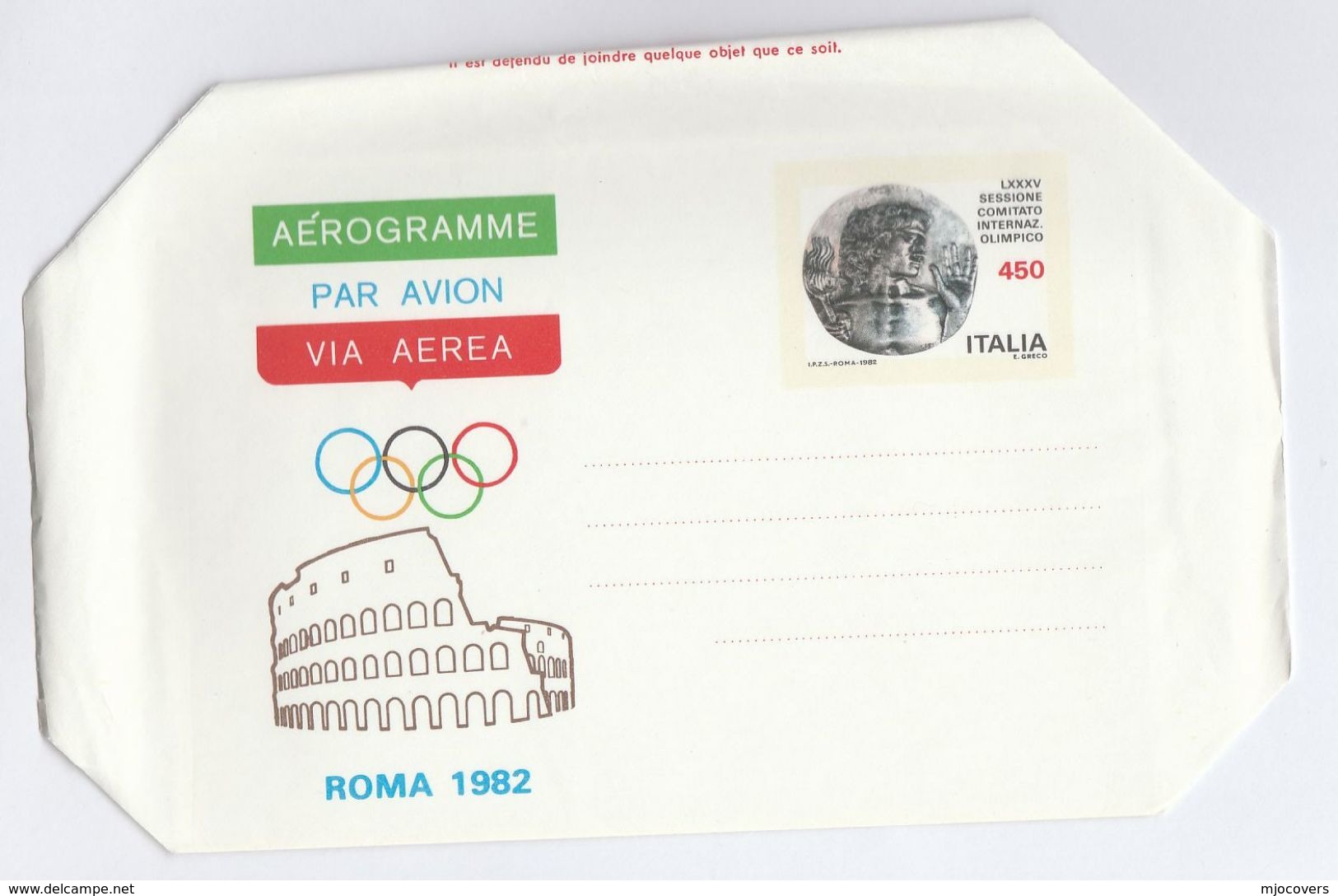 1982 ITALY Illus AEROGRAMME OLYMPICS  IOC SESSION Stamps Olympic Games Postal Stationery Cover Sport - Stamped Stationery