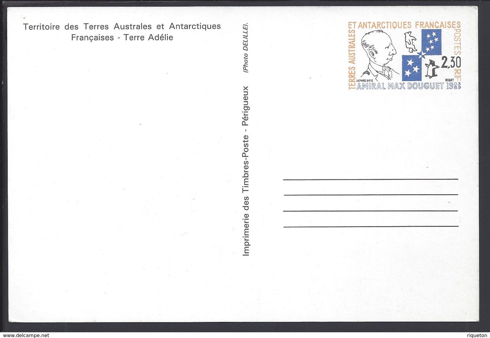 TAAF - Entier Postal 2.30 Fr "Amiral Max Douguet" Sur Carte Postale "Pingouins De Terre Adélie" - TB - - Entiers Postaux