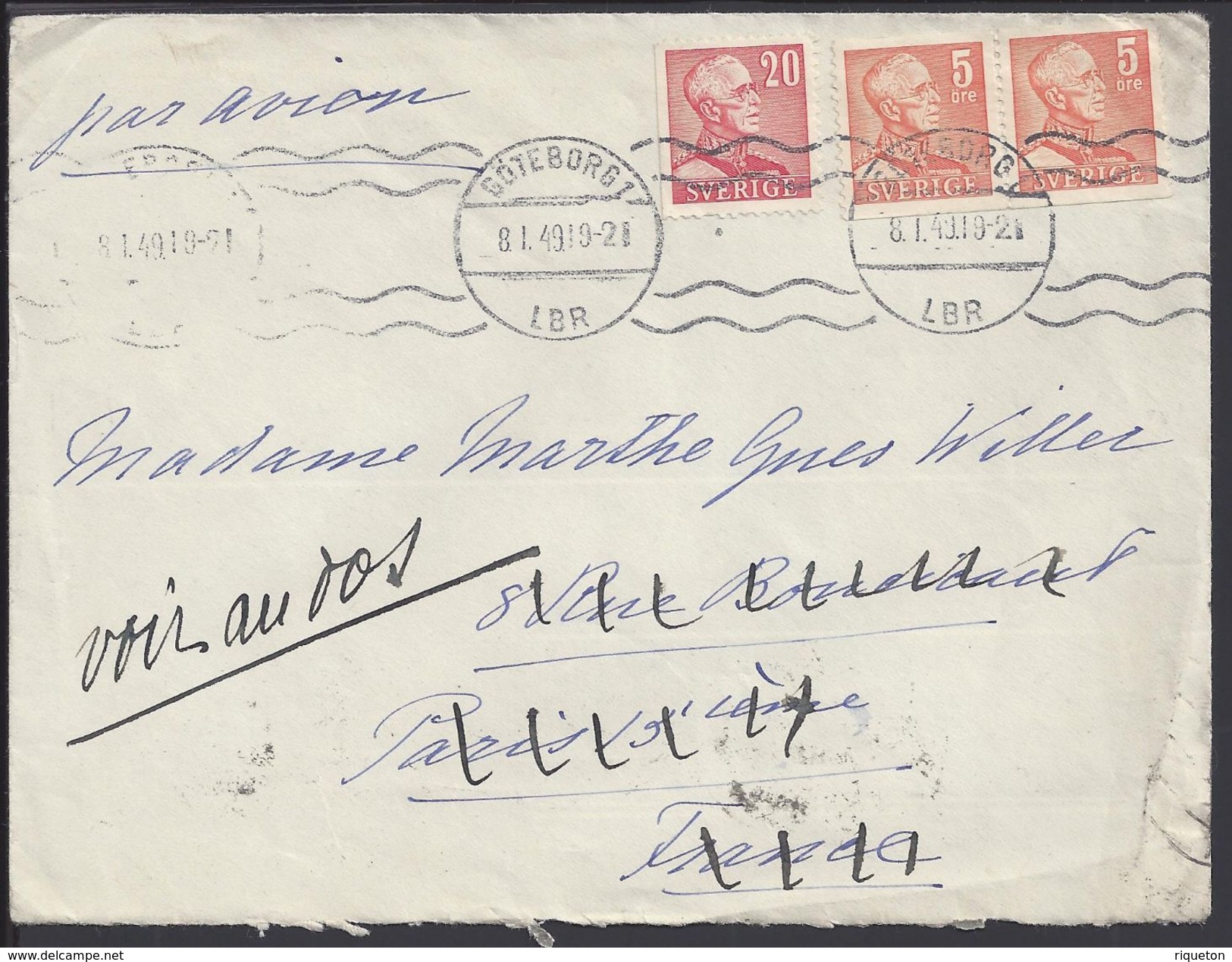 SUEDE - Enveloppe De Goteborg Du 8-1-1949 Pour Paris , Redirigée Vers Ecully (Rhône) FR - B/TB - - 1930- ... Franqueo II