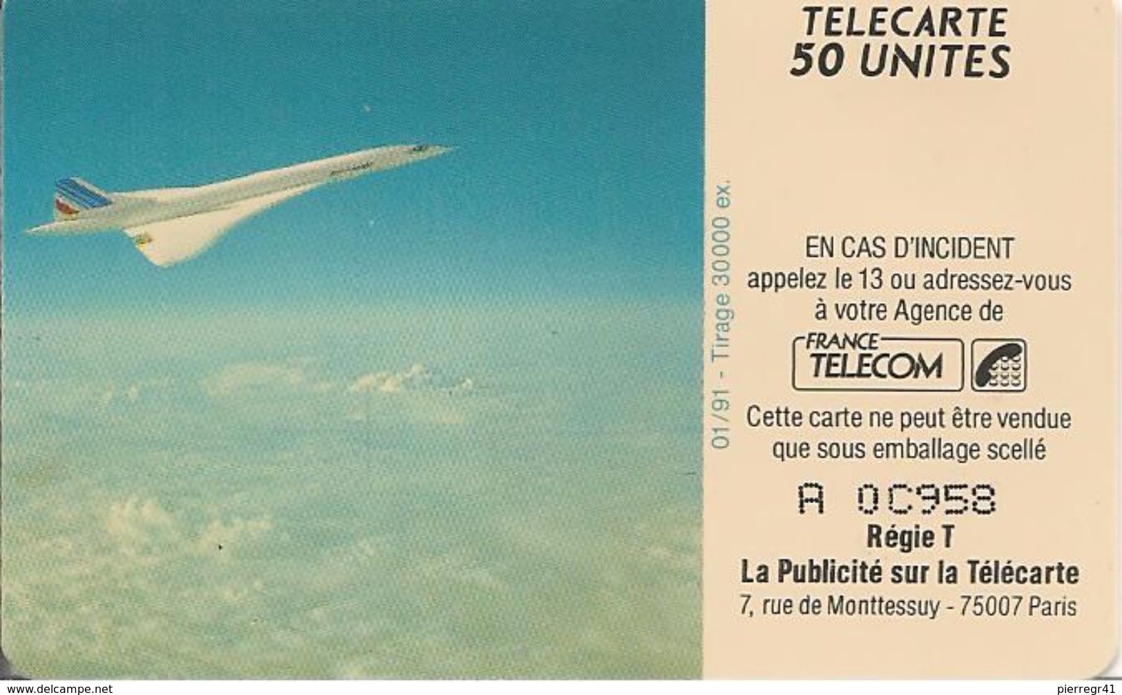 CARTE°-PUBLIC-F-138-01/911- GEM-AIR FRANCE 1-V° N° A 0C958-UTILISE-TBE - 1991