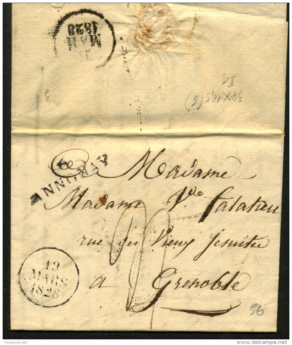 ARDECHE: Pli De  BOULIEU De 1828 En Port Du Avec Marque Linéaire 6/ ANNONAY P GRENOBLE - 1801-1848: Précurseurs XIX