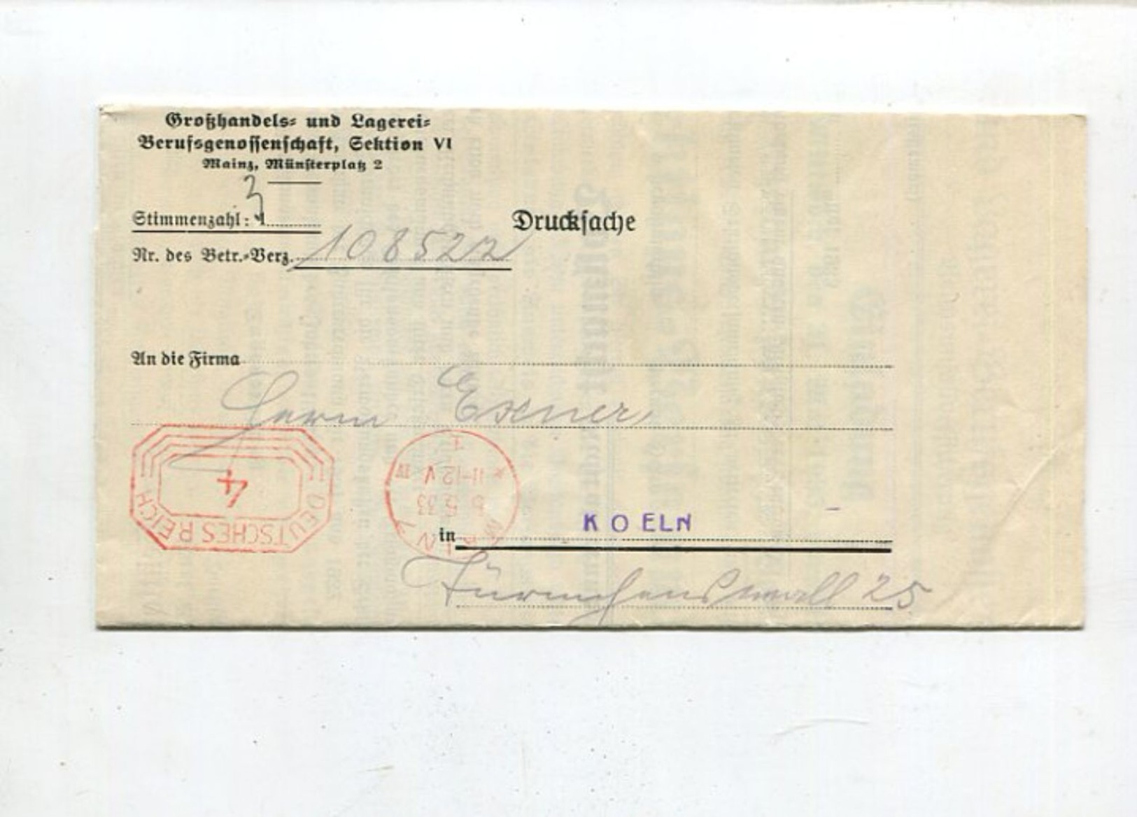 Deutsches Reich / 1933 / Drucksache Frei-o MAINZ, Innen Sektionsversammlung (01047) - Briefe U. Dokumente