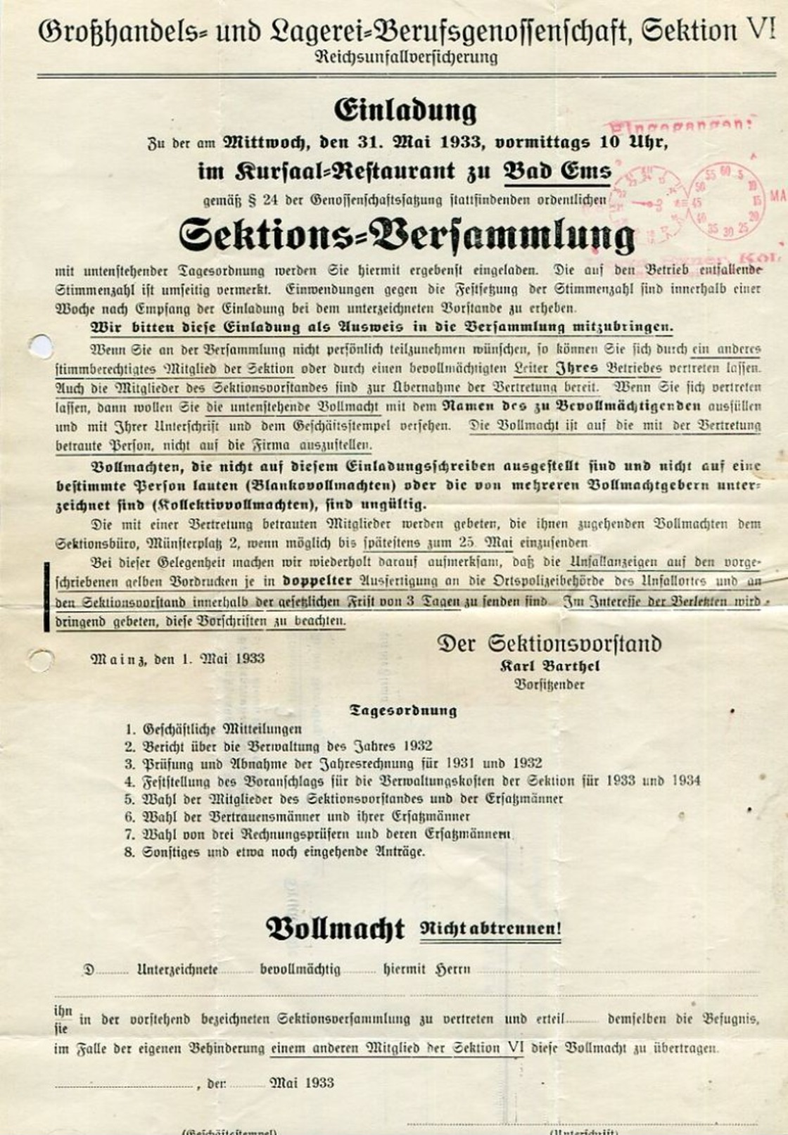 Deutsches Reich / 1933 / Drucksache Frei-o MAINZ, Innen Sektionsversammlung (01047) - Briefe U. Dokumente