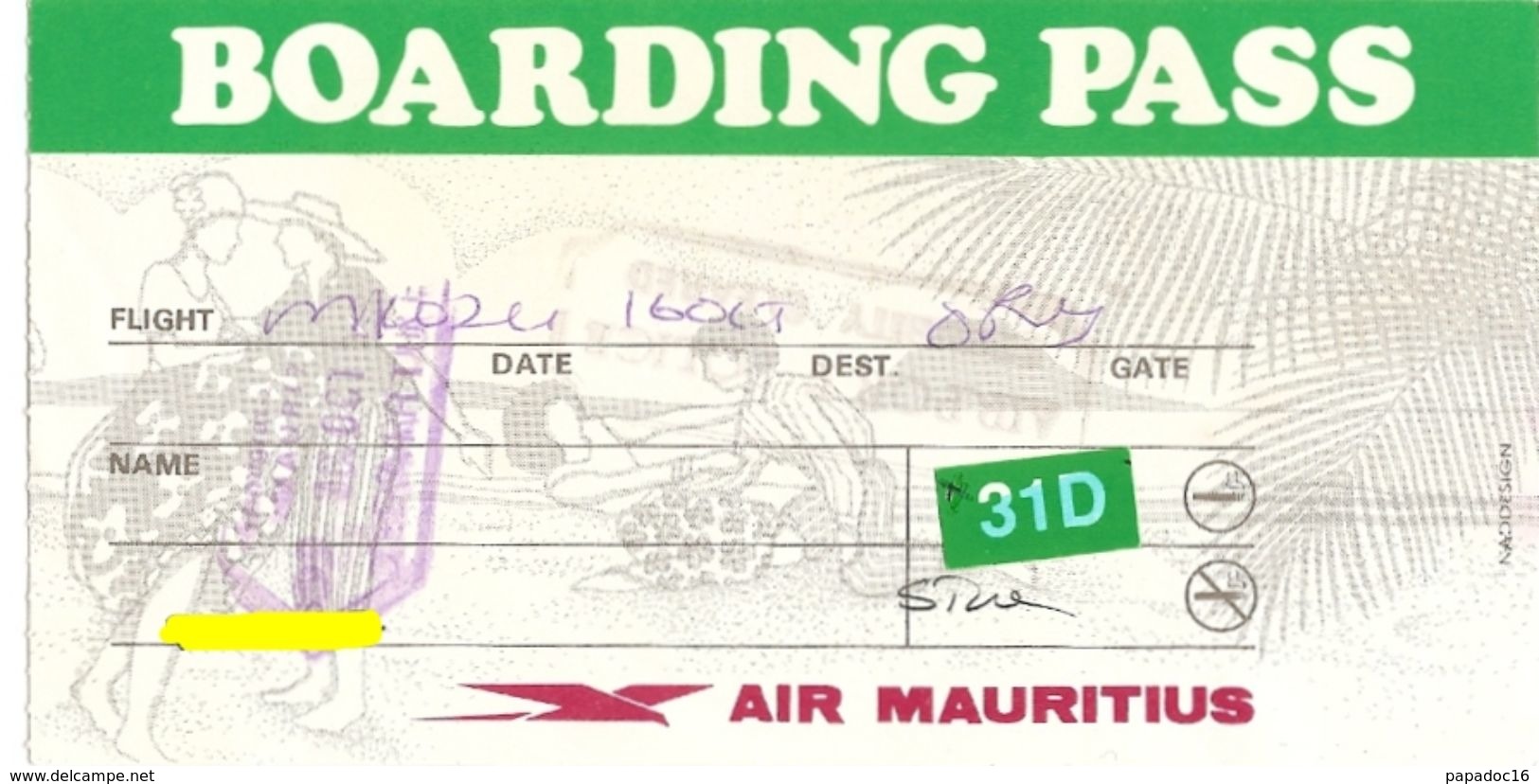 Carte D'embarquement / Boarding Pass : Air Mauritius [de Maurice à Paris-Orly] - Mundo