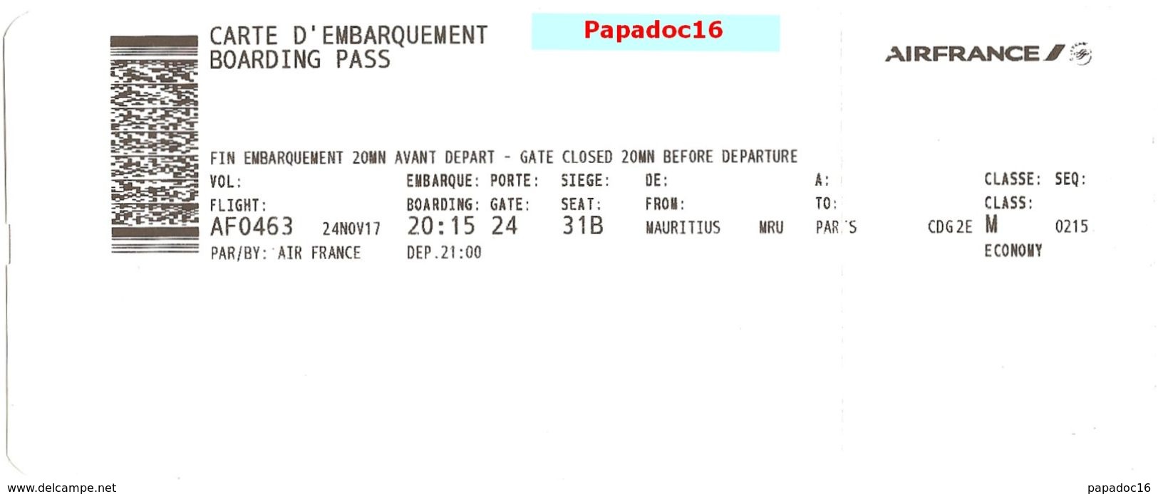 Carte D'embarquement / Boarding Pass - Air France - Maurice - Paris 24-11-2017 - [Mauritius - Charles De Gaulle] - Mondo