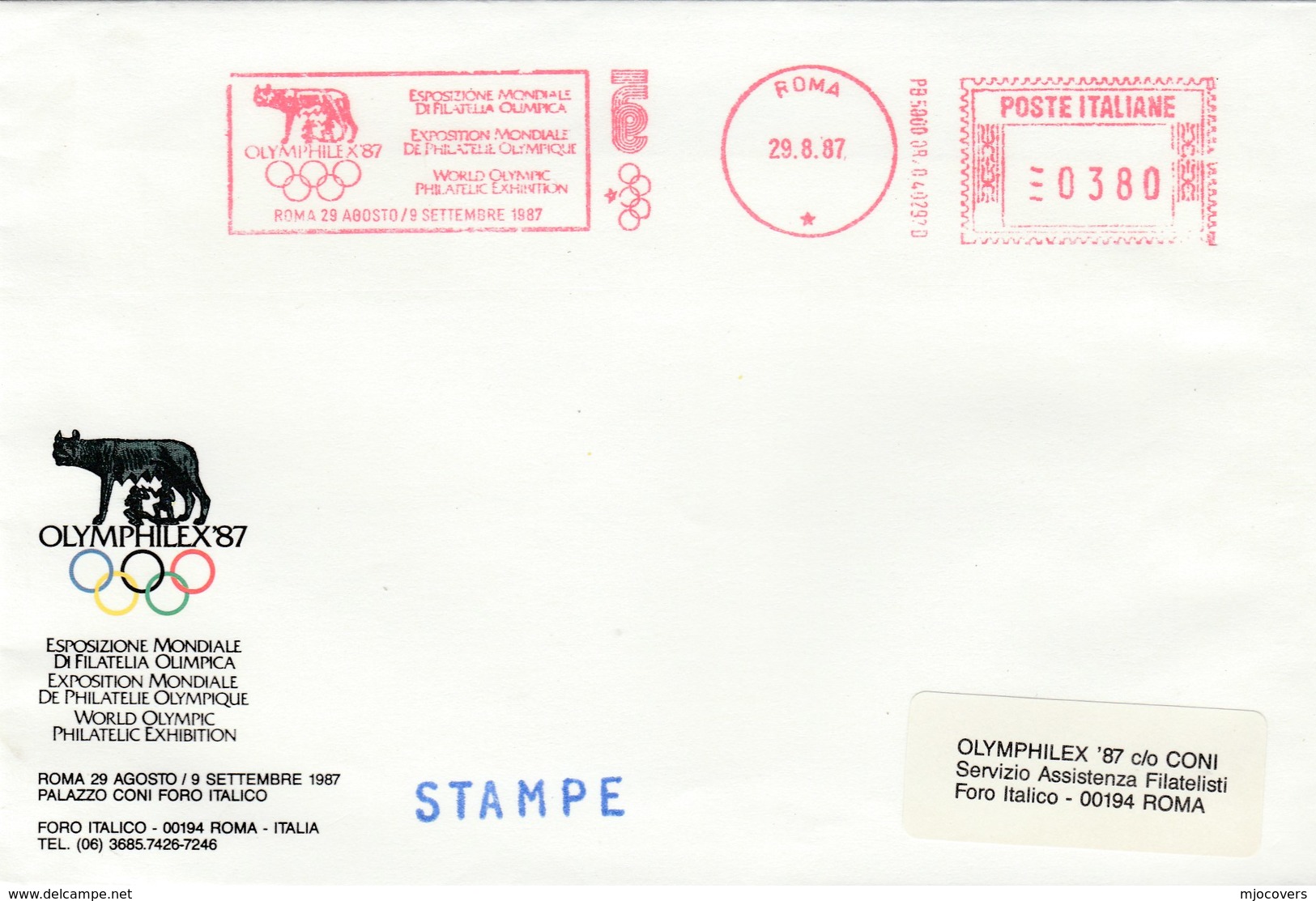 1987 Rome OLYMPIC PHILATELIC EXHIBITION Event COVER Illus METER SLOGAN Olymphilex WOLF Olympics Games Stamps Italy - Altri & Non Classificati