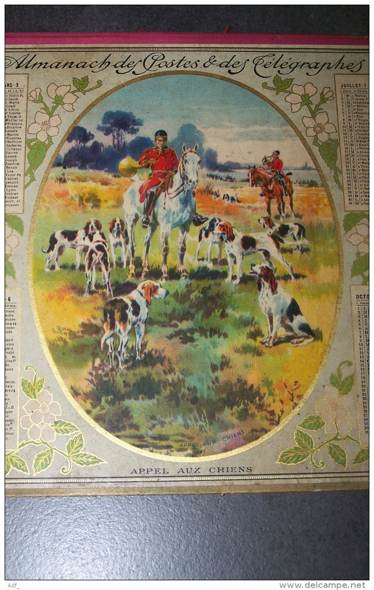 JOLI CALENDRIER DOUBLE APPEL AUX CHIENS, CHASSE A COURRE ANNEE 1934, ALMANACH DES POSTES ET DES TELEGRAPHES, ARDENNES 08 - Big : 1921-40