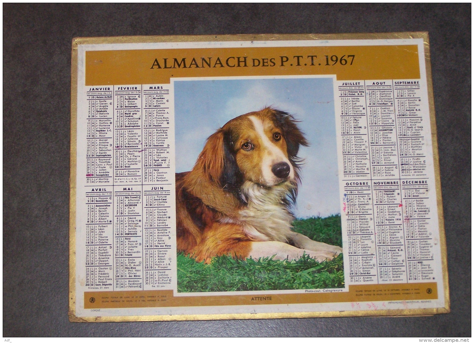 1967 ALMANACH CALENDRIER DES P.T.T, PTT, POSTES, CHIEN, OBERTHUR, ARDENNES 08 - Grossformat : 1961-70