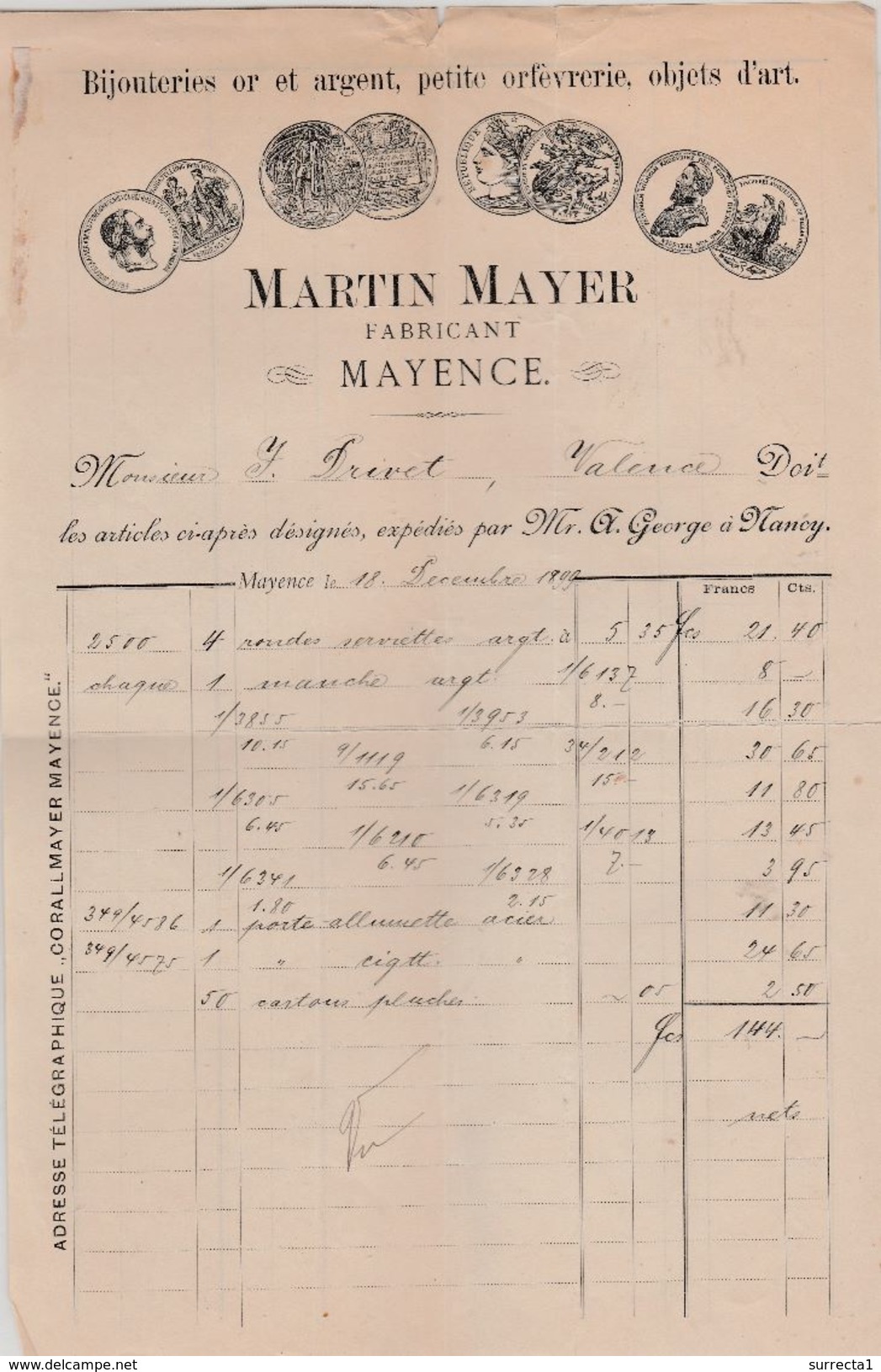 Facture 1899 / Martin MAYER / Fabricant Bijouterie / Or Argent / Objets D'Art / Mayence Allemagne - Sonstige & Ohne Zuordnung