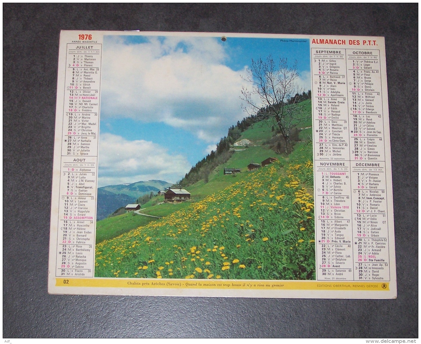 1976 ALMANACH CALENDRIER DES P.T.T, PTT, POSTE, MOULIN DE RAIRE, CHALETS PRES ARECHES, OBERTHUR, ARDENNES 08 - Grand Format : 1971-80