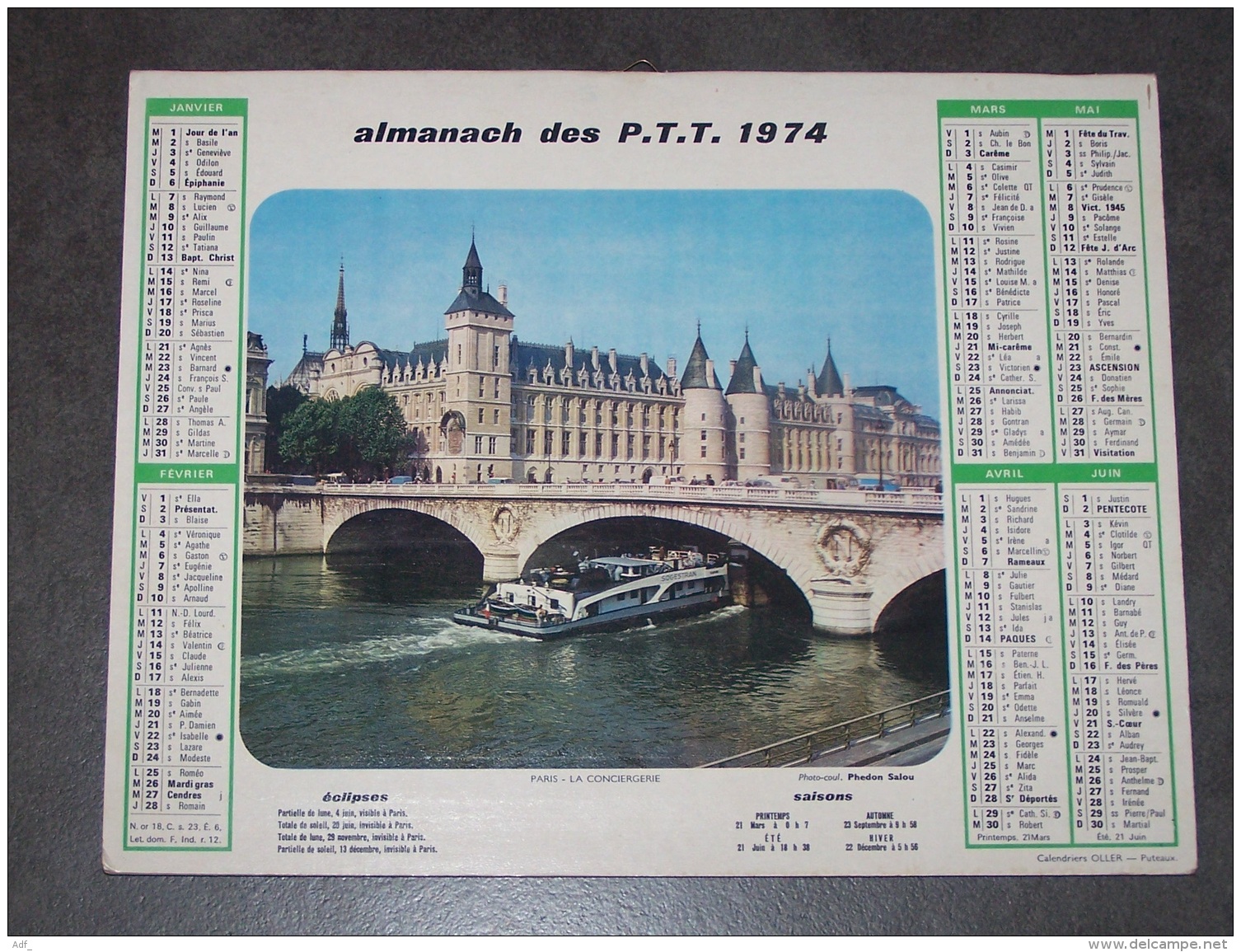 1974 ALMANACH CALENDRIER DES P.T.T, PTT, POSTE, OLLER, PARIS LA CONCIERGERIE, AUTOMNE A CHANTILLY, ARDENNES 08 - Grand Format : 1971-80