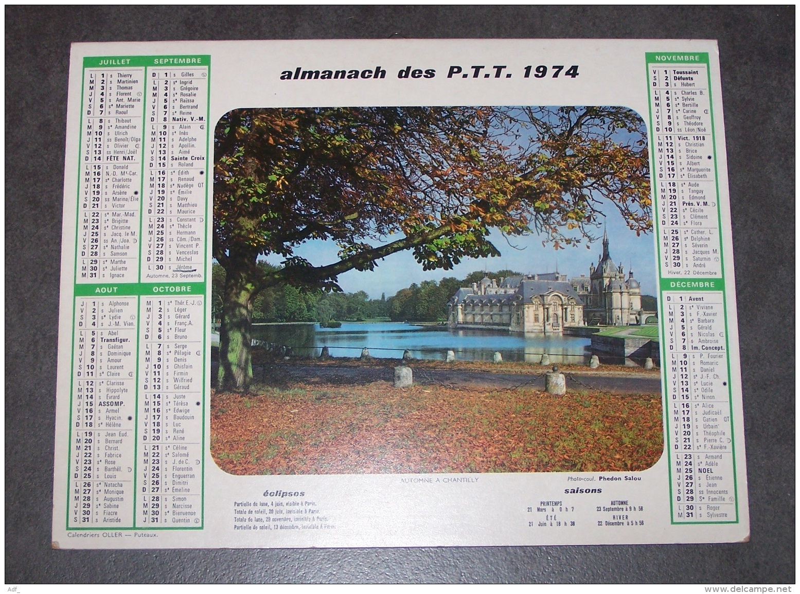 1974 ALMANACH CALENDRIER DES P.T.T, PTT, POSTE, OLLER, PARIS LA CONCIERGERIE, AUTOMNE A CHANTILLY, ARDENNES 08 - Tamaño Grande : 1971-80