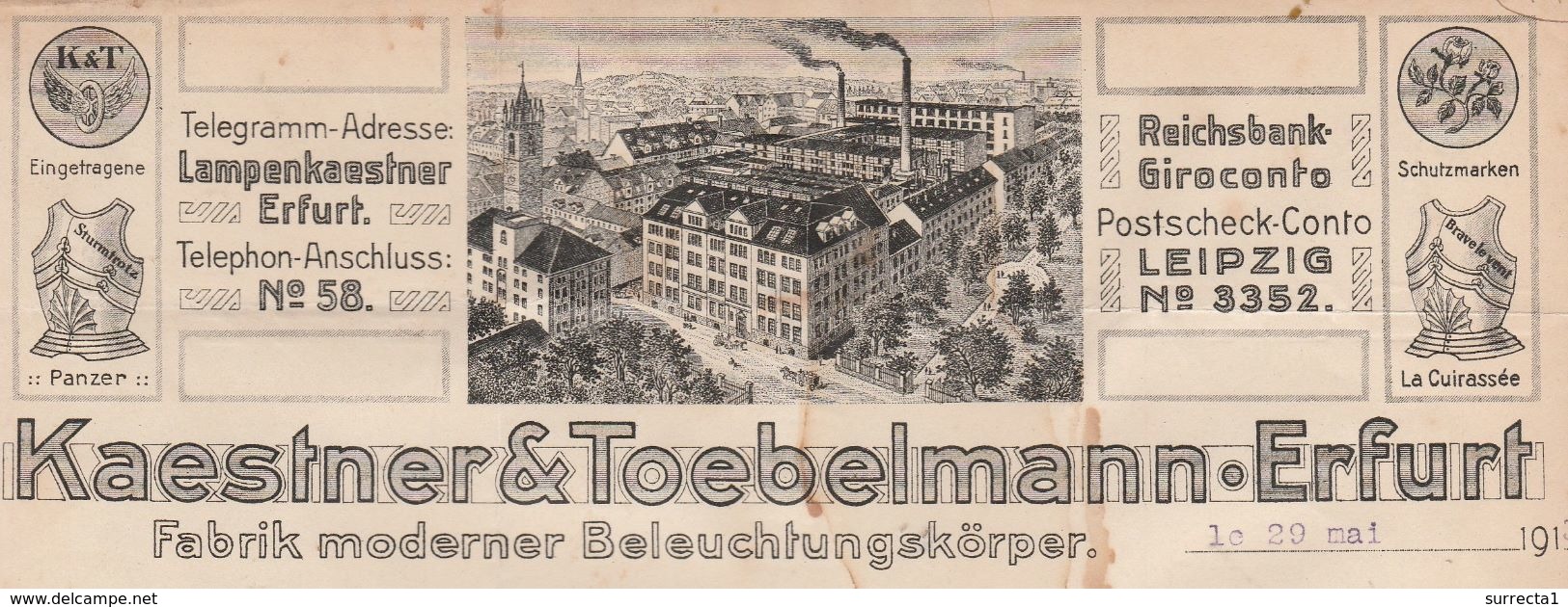 Facture 1913 / KAESTNER & TOEBELMANN Erfurt / Fabrik Moderner Beleuchchtungskörper / Leipzig / Allemagne - Autres & Non Classés
