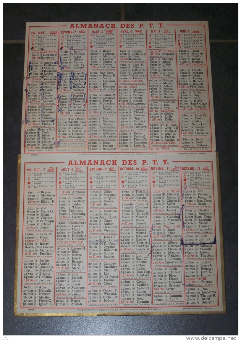 1971 ALMANACH CALENDRIER DES P.T.T, PTT, POSTE, OBERTHUR, MONT BLANC ET LAC DES GAILLANDES, MARNE 51 - Big : 1971-80