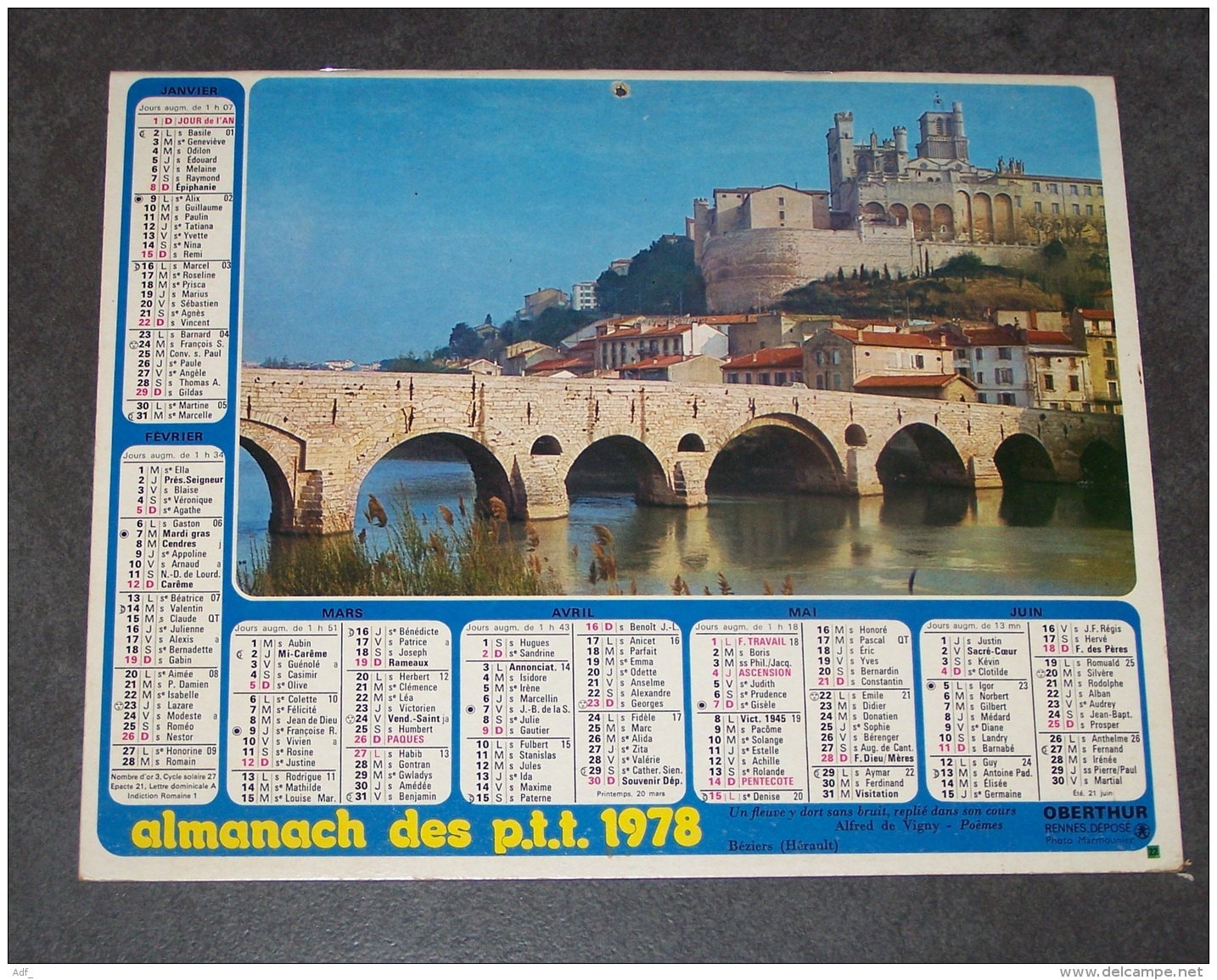 1978 ALMANACH CALENDRIER DES P.T.T, PTT, POSTE, BEZIERS, LA VALLEE DU LOIRET, ARDENNES 08, OBERTHUR - Formato Grande : 1971-80