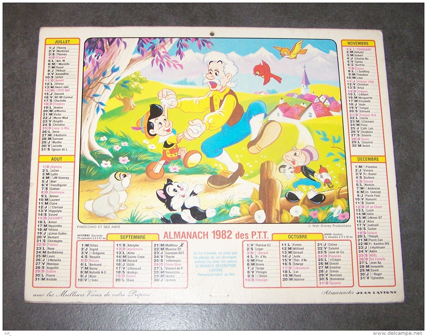 1982 ALMANACH CALENDRIER DES P.T.T, PTT, POSTE, WALT DISNEY PRODUCTIONS, PINOCCHIO, LAVIGNE, ARDENNES 08 - Formato Grande : 1981-90