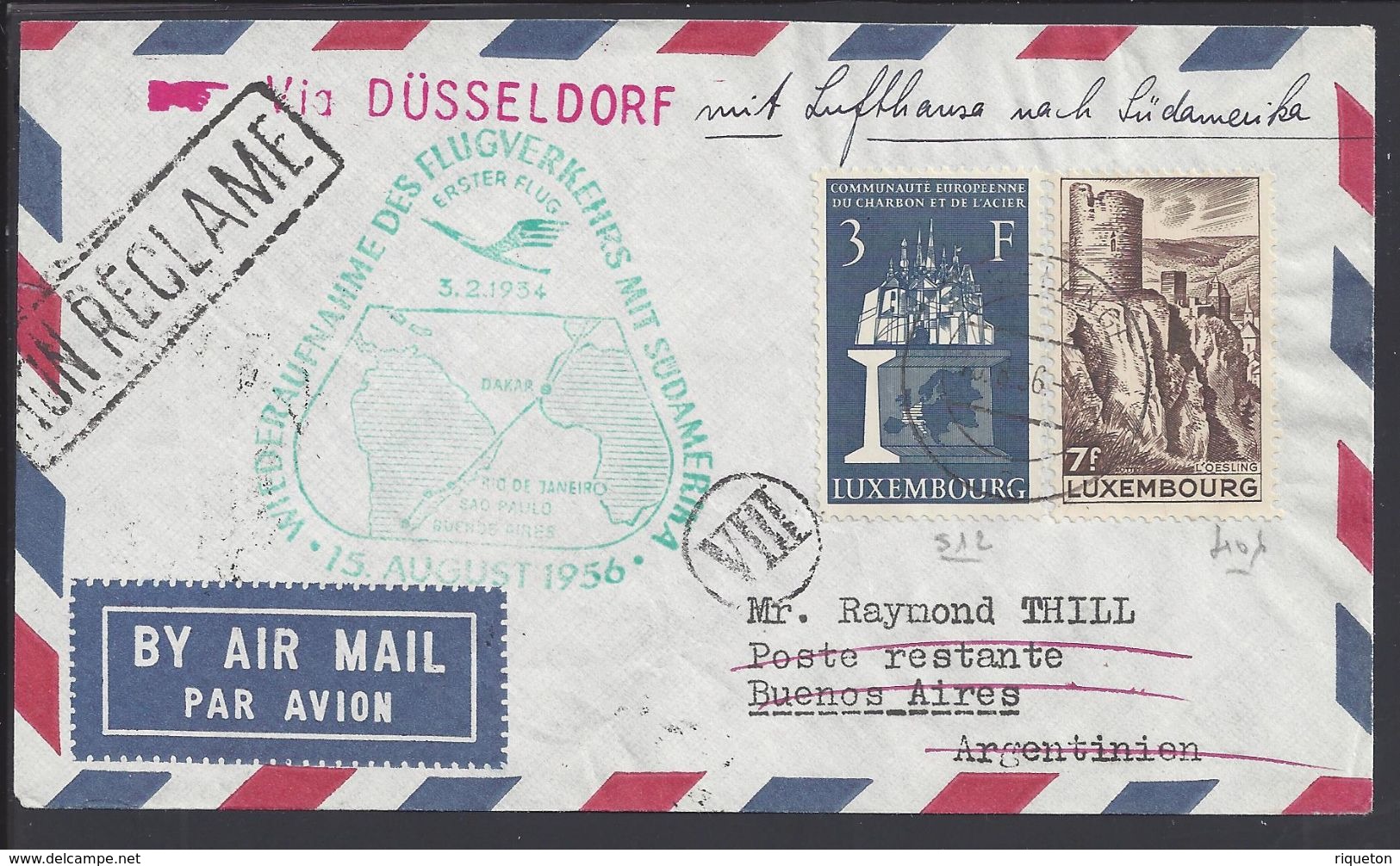 LUXEMBOURG - Timbres 406 Et 512 Sur Enveloppe De Rumelange Pour Buenos-Airès Par Vol Lufthansa Via Dusseldorf - B/TB - - Lettres & Documents