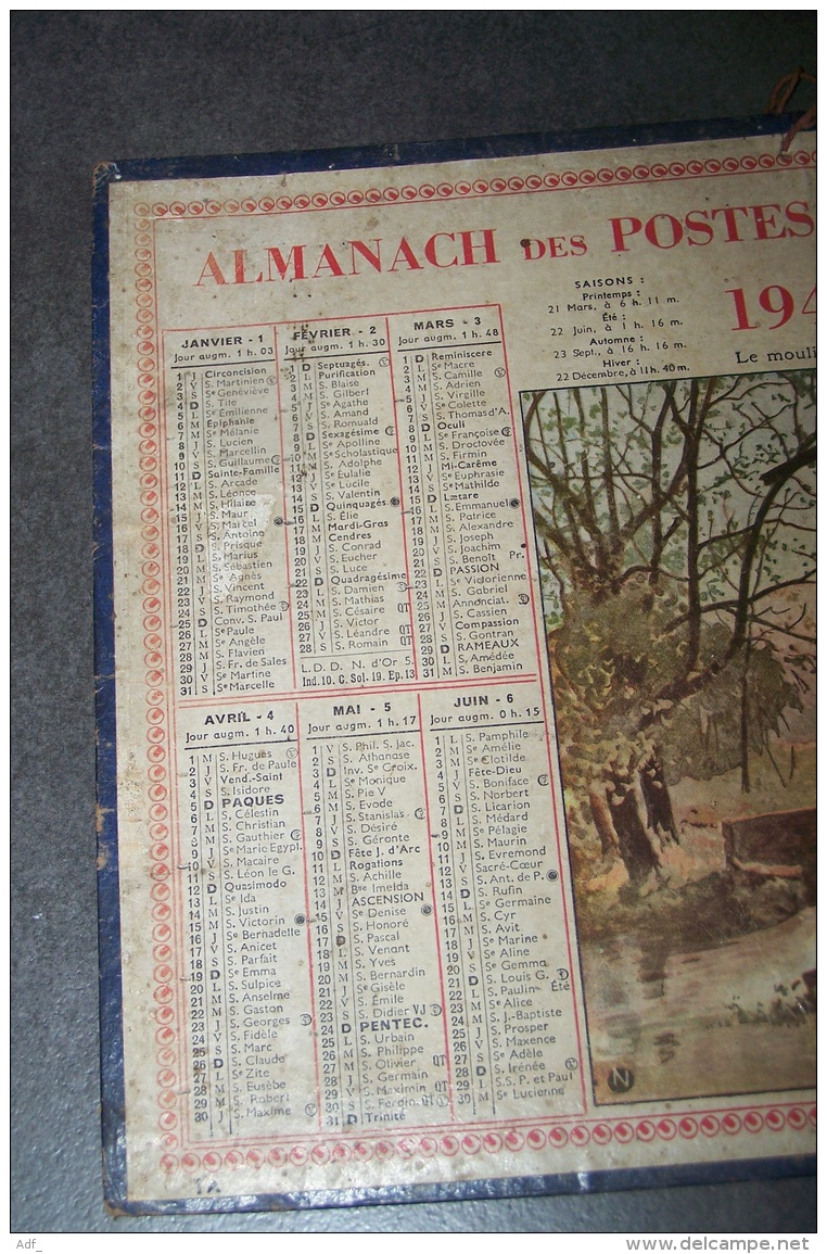 1942 ALMANACH CALENDRIER DES P.T.T, PTT, POSTES ET DES TELEGRAPHES, LE MOULIN A EAU, DEUX SEVRES 79 - Tamaño Grande : 1941-60