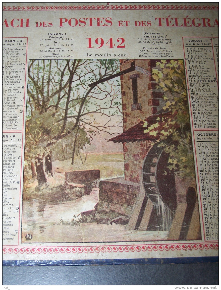 1942 ALMANACH CALENDRIER DES P.T.T, PTT, POSTES ET DES TELEGRAPHES, LE MOULIN A EAU, DEUX SEVRES 79 - Tamaño Grande : 1941-60