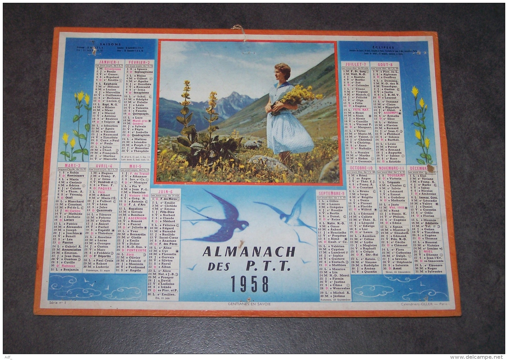 1958 ALMANACH CALENDRIER DES P.T.T, PTT, POSTE, OLLER, GENTIANES EN SAVOIE - Big : 1941-60