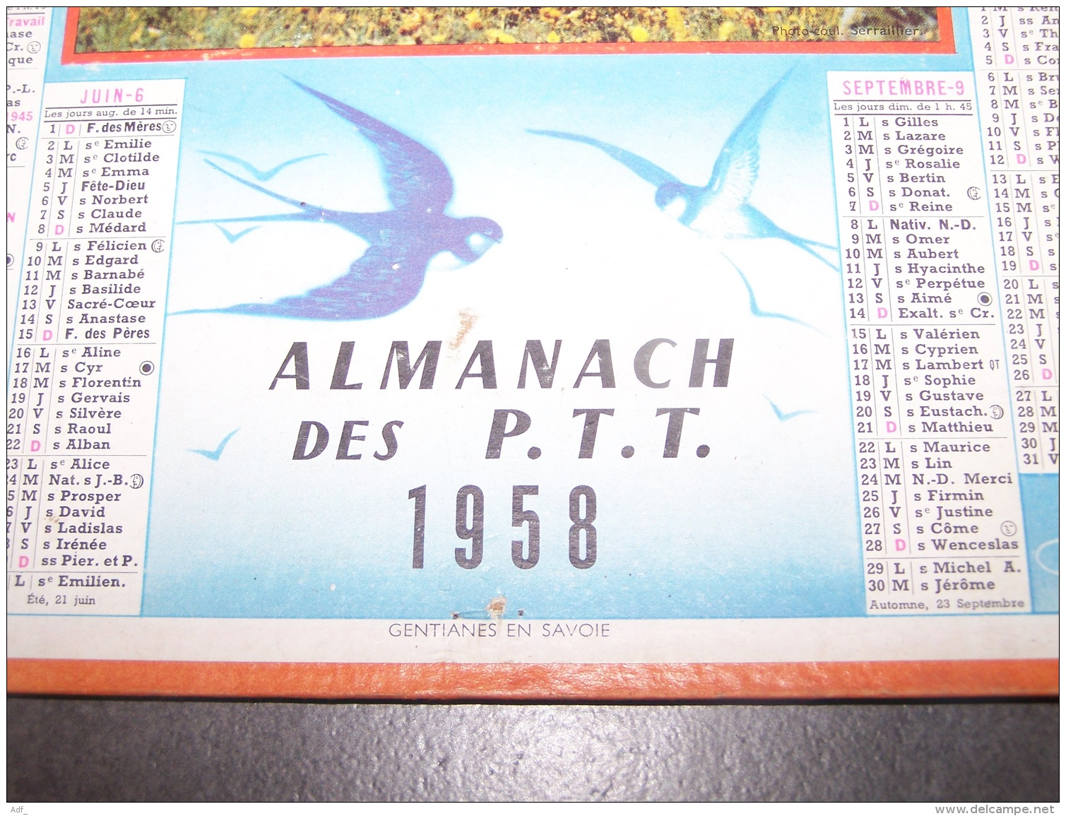 1958 ALMANACH CALENDRIER DES P.T.T, PTT, POSTE, OLLER, GENTIANES EN SAVOIE