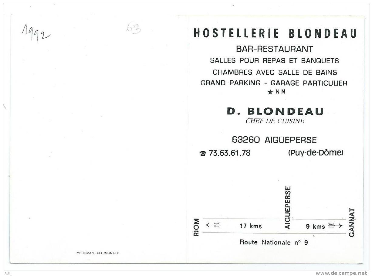 CARTE PUBLICITAIRE HOSTELLERIE BLONDEAU, BAR RESTAURANT, AIGUEPERSE, PUY DE DOME 63 - Aigueperse