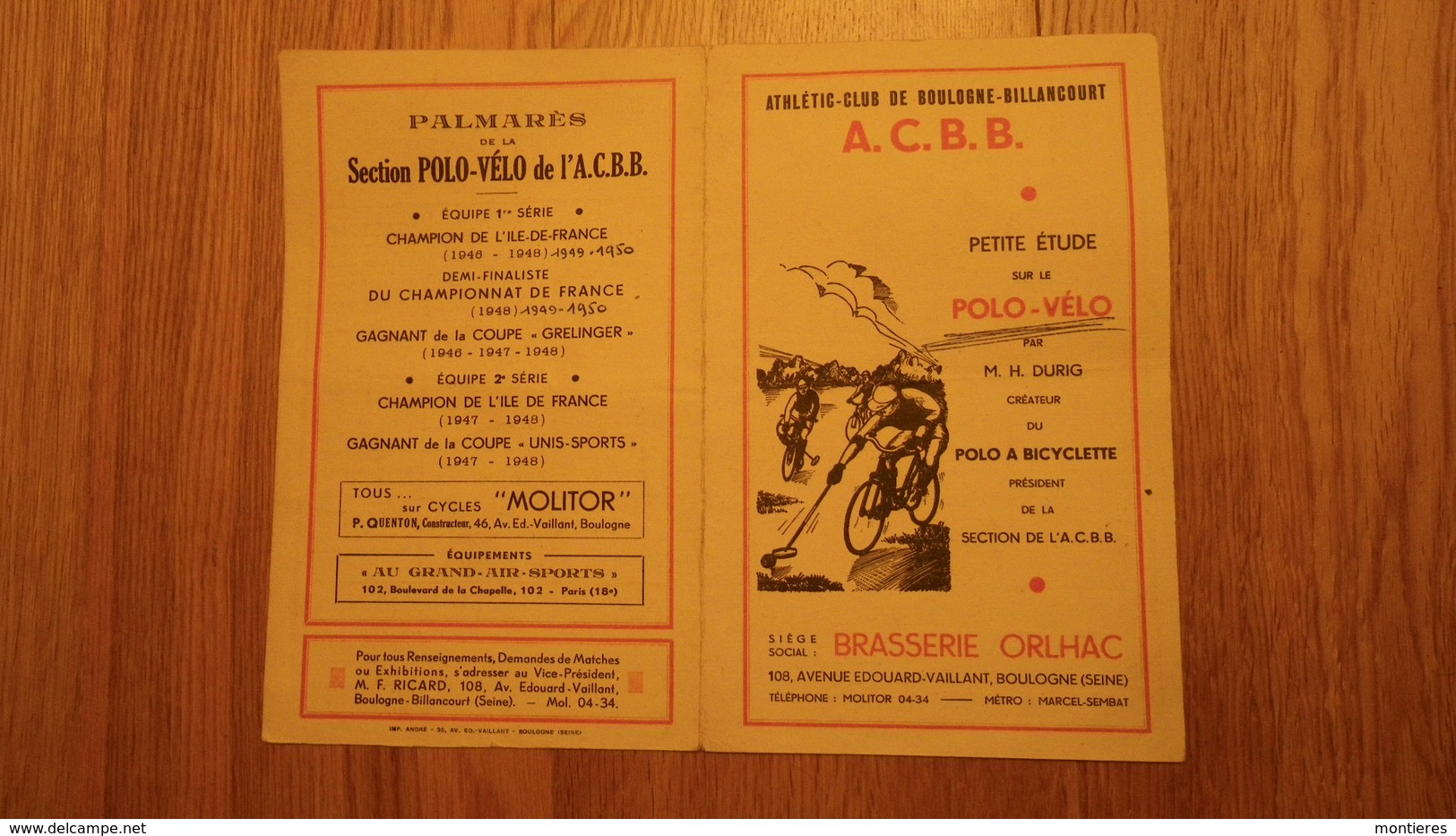 Rare Prospectus ATHLETIC CLUB DE BOULOGNE BILLANCOURT A.C.B.B. Polo Vélo M.H. Durig Inventeur Du Polo à Vélo - Sports & Tourisme