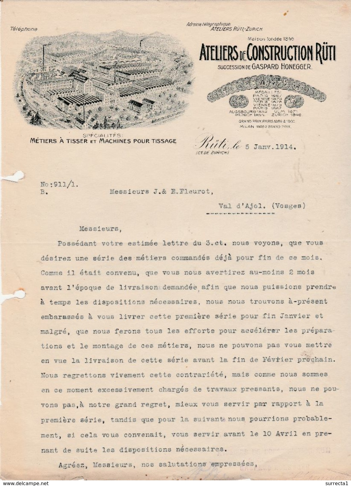 Facture 1914 / Ateliers Construction Gaspard HONEGGER / Métiers à Tisser Pour Tissages / Rüti Canton Zürich / Suisse - Suiza