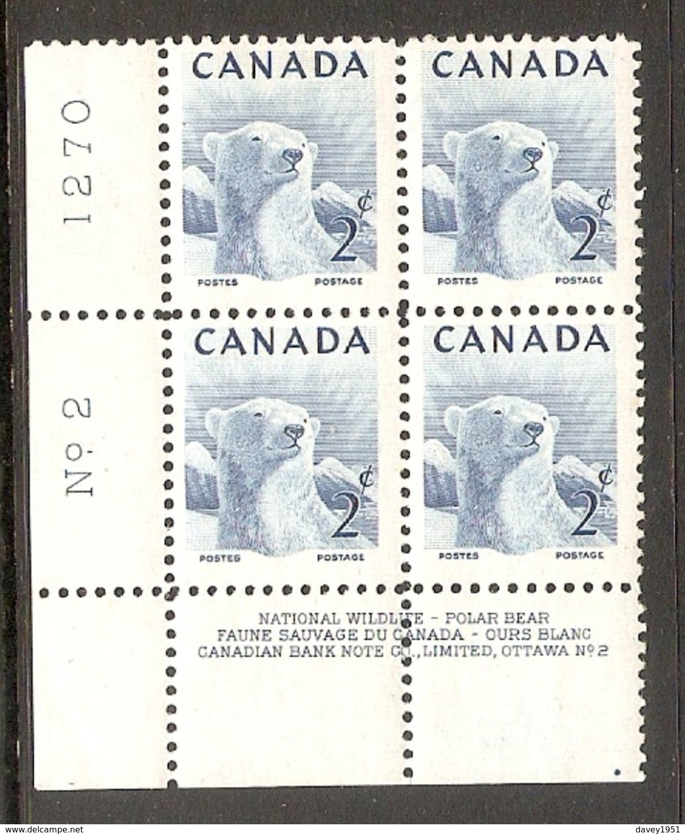 005957 Canada KGVI 1953 Wildlife 2c MNH Plate Block 2 LL - Plate Number & Inscriptions