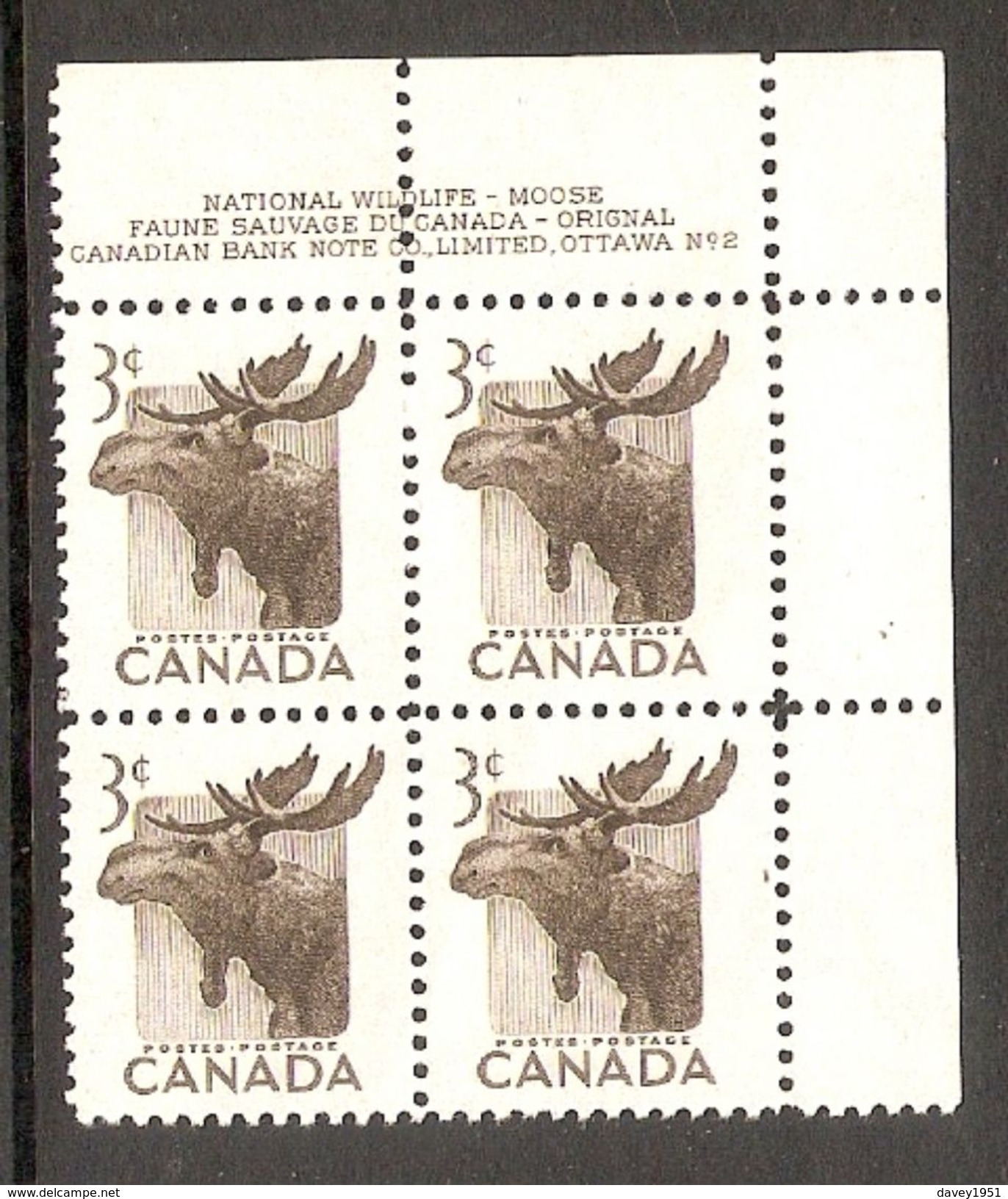 005960 Canada KGVI 1953 Wildlife 3c MNH Plate Block 2 UR - Plate Number & Inscriptions