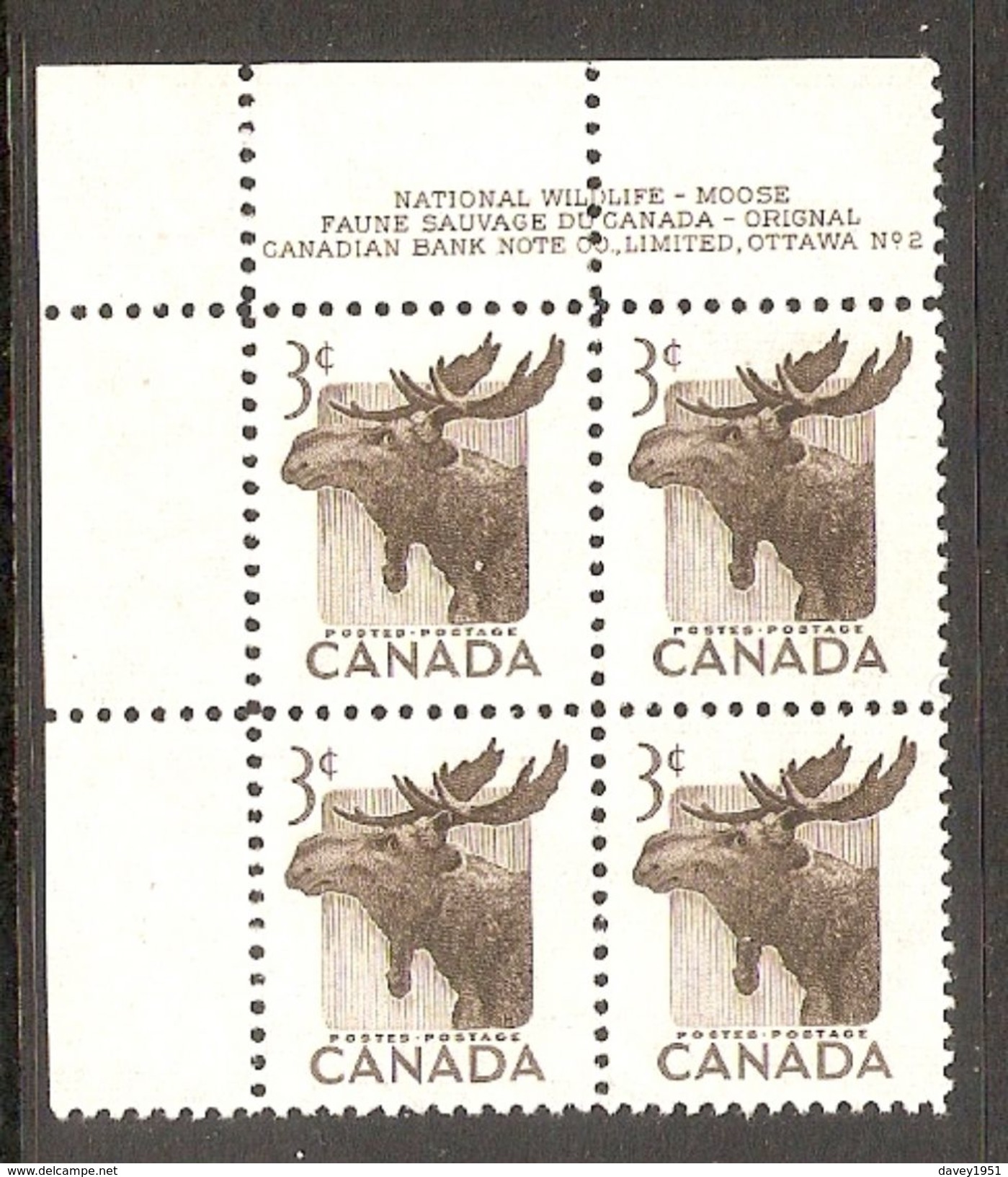 005962 Canada KGVI 1953 Wildlife 3c MNH Plate Block 2 UL - Plate Number & Inscriptions