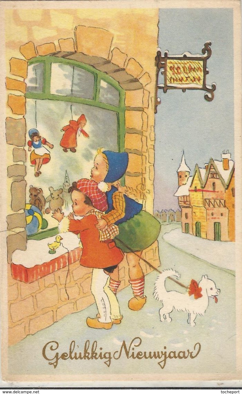 JOYEUX NOEL WEIHNACHTEN CHRISTMAS   VITRINE DE NOEL CHIEN POUPEE PERE NOEL TEDDY OURS BAREN  KINDER ENFANT 1952 - Santa Claus